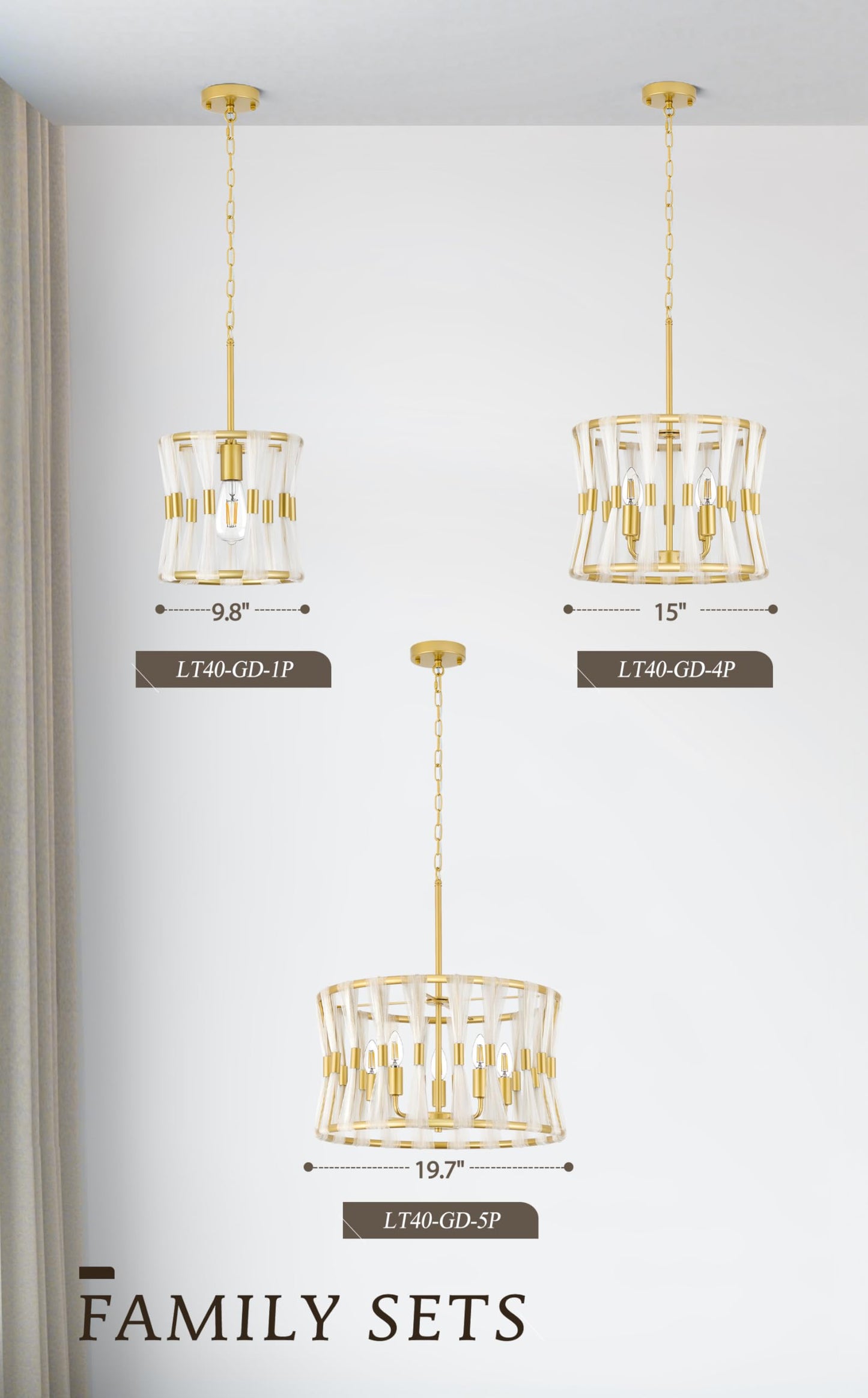 Karjearl Gold Chandeliers for Dining Room, 15" 4-Light Modern Drum Dining Room Light Fixtures Over Table, Farmhouse Gold Pendant Light for Dining Room Kitchen Island Living Room Entryway Foyer
