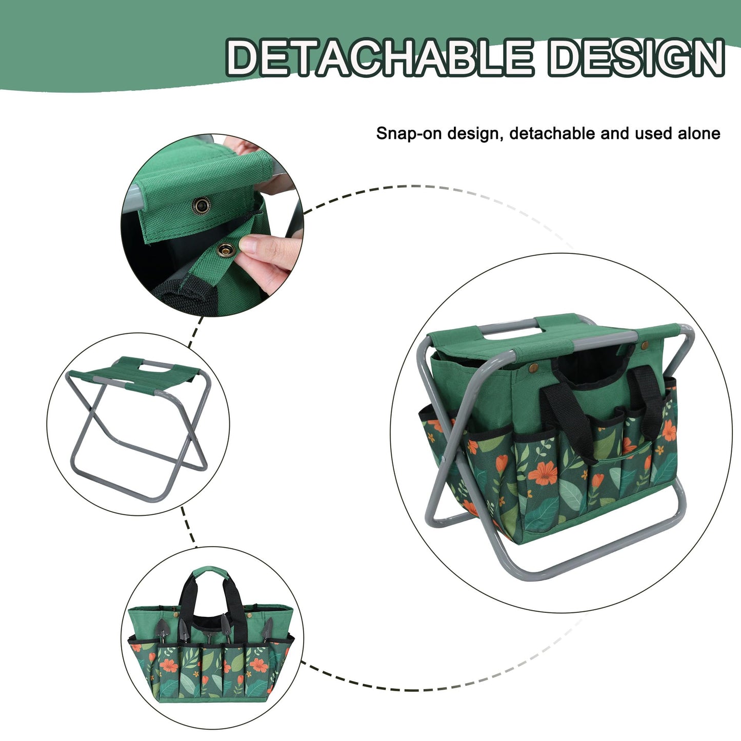 GeerDuo Folding Gardening Stool with Detachable Storage Tote Bag, Multifunctional Gardening Tools Set Organizer for Fishing and Camping,Portable Garden Chair Seat for Adults (Green Flower)