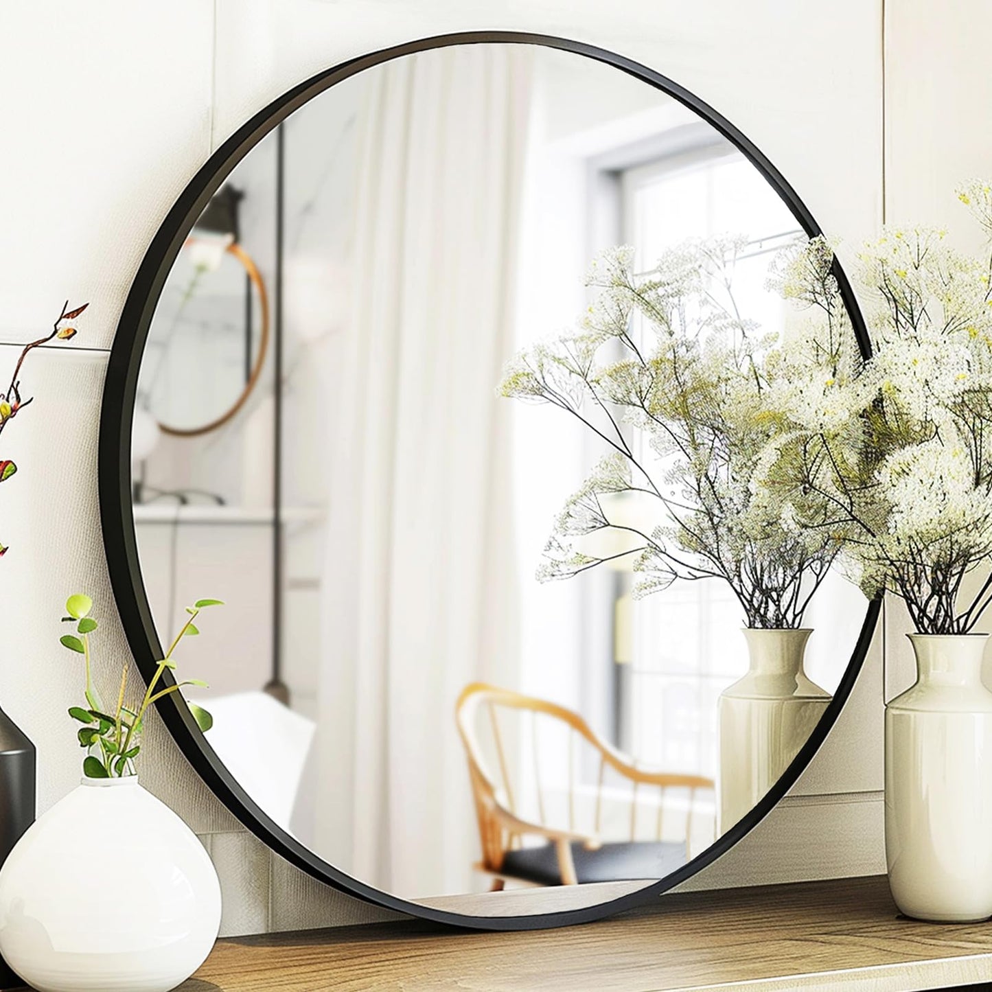 Sunniry Black Round Mirror, Round Mirror 24 inch, Black Circle Mirrors Metal Frame, Wall Mounted Mirrors for Living Room, Bathroom, Wall, Entryway, Rustic.