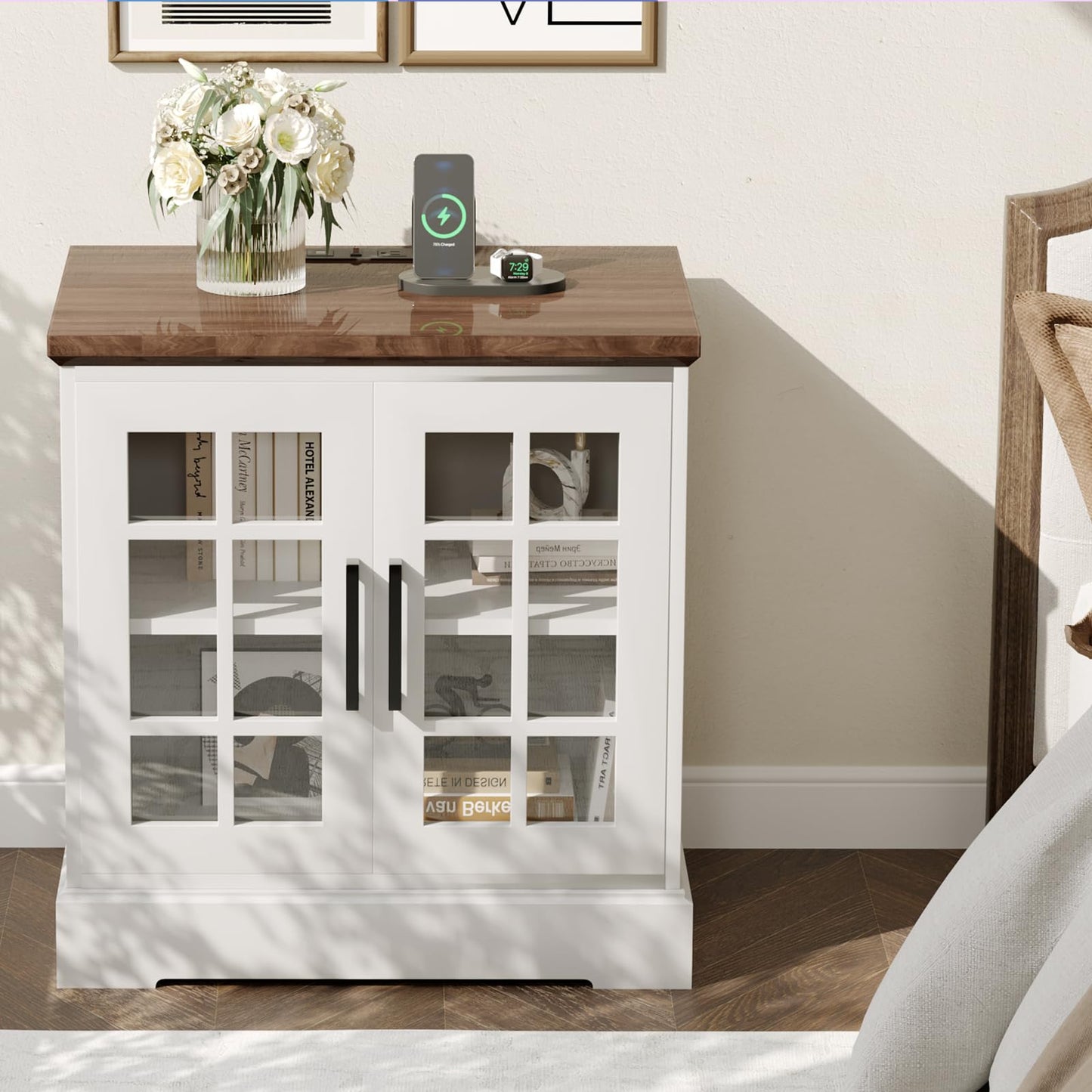 GarveeHome 24inch Farmhouse End Table, Rustic Square Nightstand Sofa Side Table with Charging Station Adjustable Storage Shelf for Living Room Bedroom, White