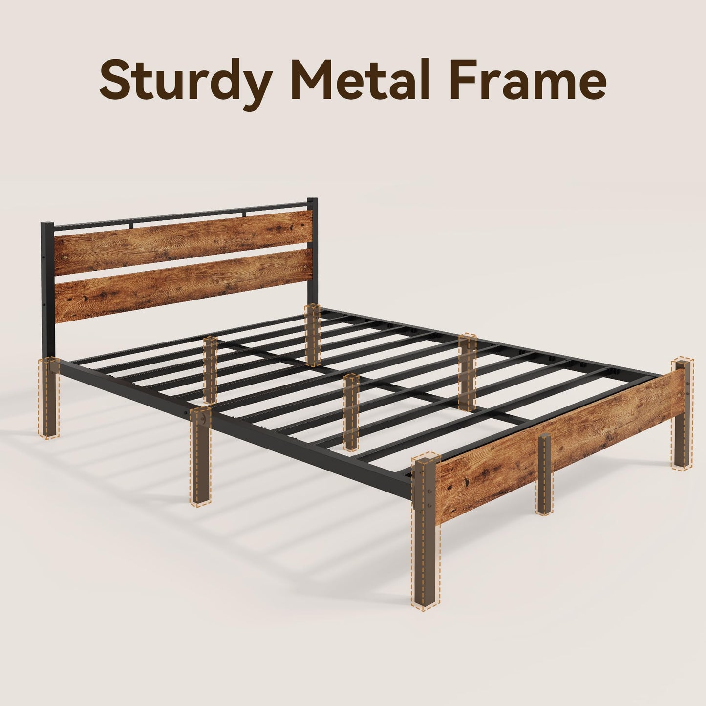 BedsPick 14 Inch Queen Bed Frame Sturdy Metal Bed Frame Queen Size with Wooden Headboard and Footboard, Noiseless/12.4" Under Bed Space/Durable Support//No Box Spring Needed/Anti-Slip, Brown
