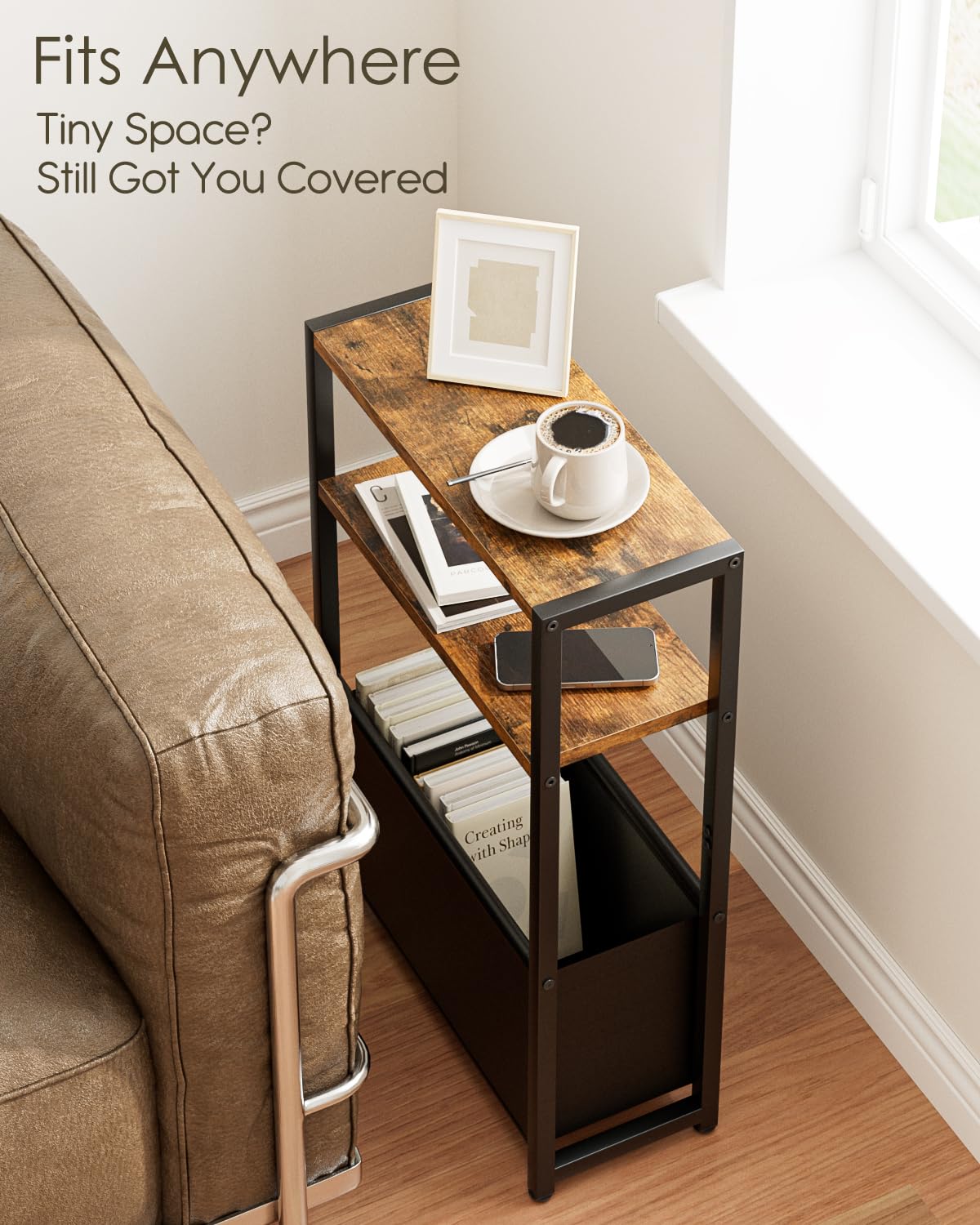 Apetaccat Narrow Side Table End Table, 3-Tier Side Table with Storage Bag, Narrow Nightstand for Small Spaces, Bedside Table for Living Room, Bedroom, Rustic Brown