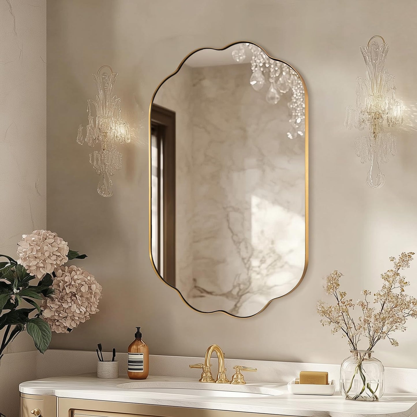 ANDY STAR Scalloped Bathroom Mirror, 24x36 Inch Brushed Gold Vanity Mirror in Stainless Steel Metal Frame, Unique Oval Mirror with Modern Curved Edge Design, Ideal for Bathroom, Bedroom, Entryway