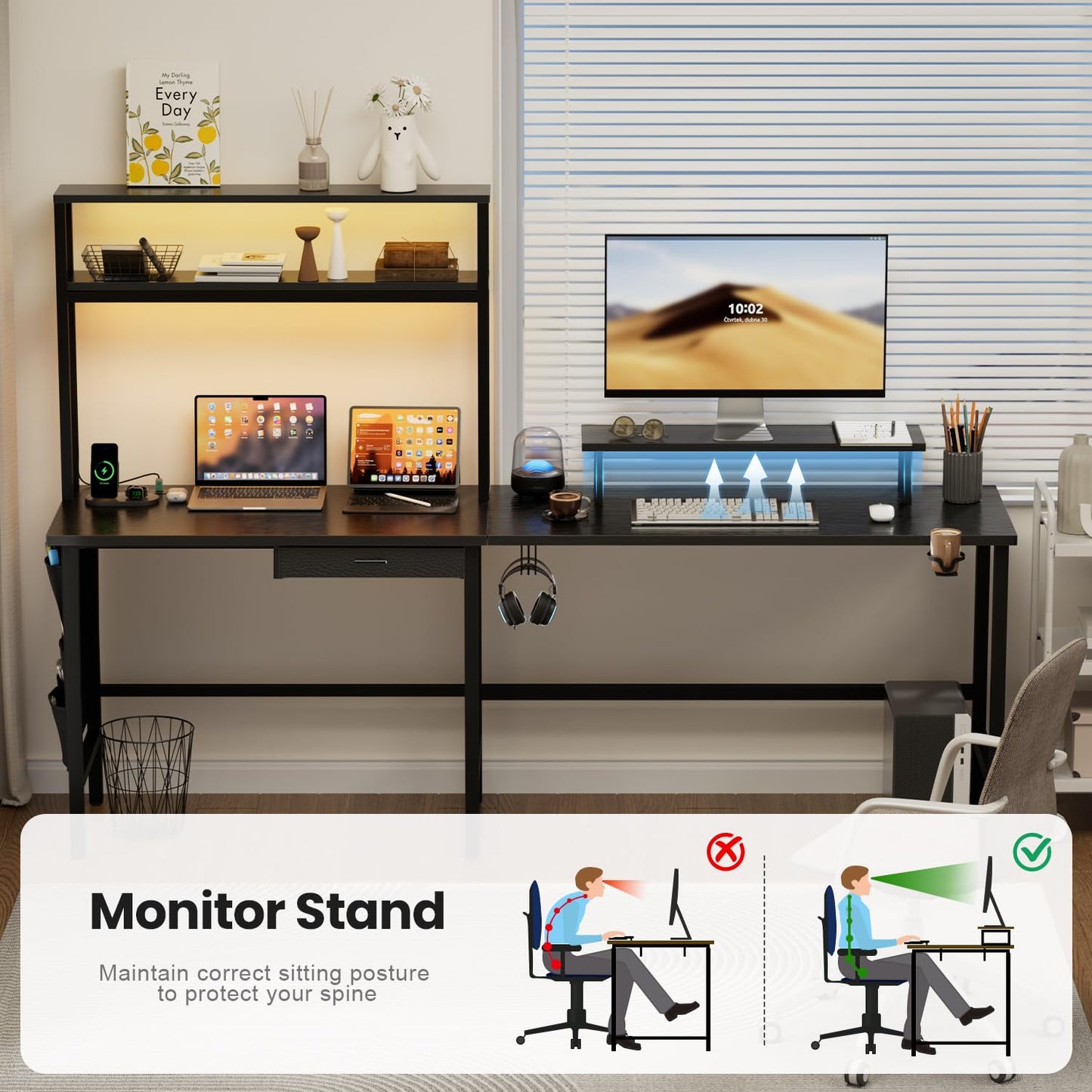 HLDIRECT L Shaped Gaming Desk with LED Light & Power Outlet, 59 Inch Reversible Corner Computer Desk with Storage Shelves & Drawer & Bag, Game Table with Hutch Monitor Stand, Home Office, Black