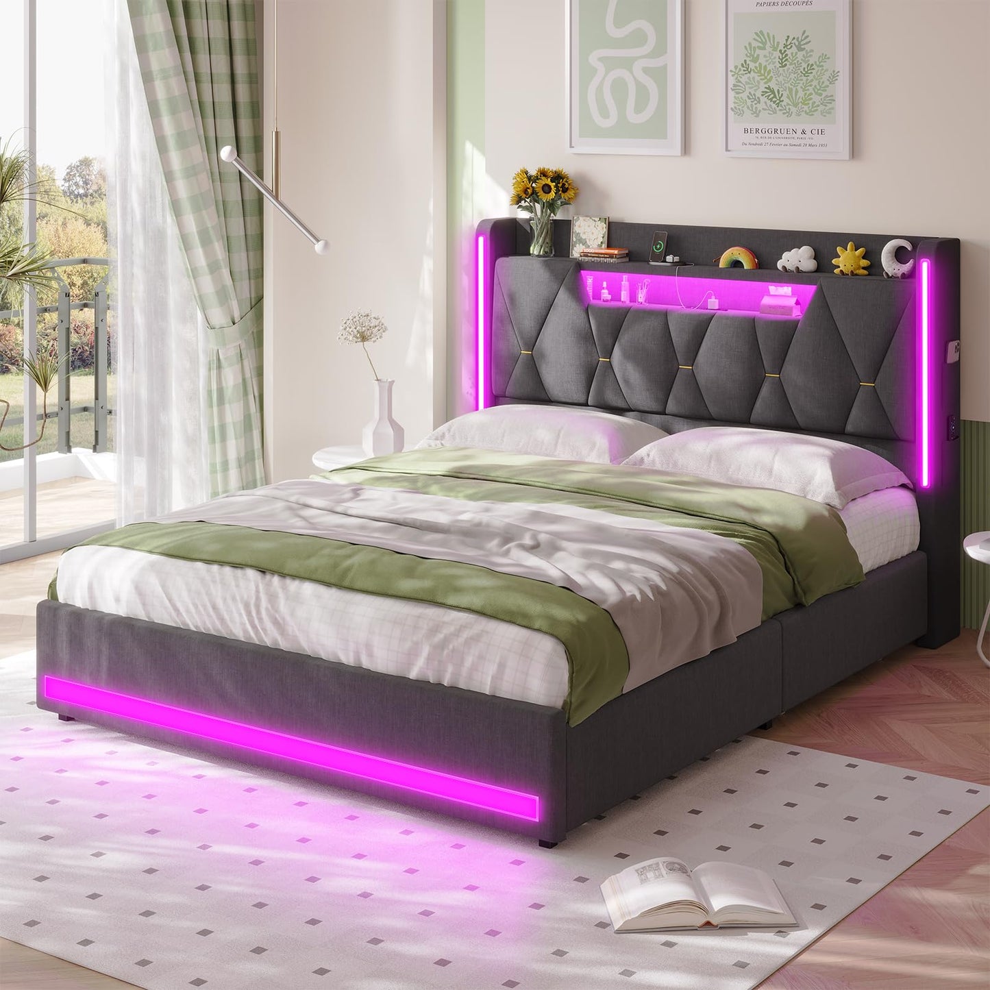 busyaeh Queen Size Bed Frame with 4 Drawers,Light up Bed Frame with Headboard and Storage, Metal Queen Platform Storage Queen Bed with Charging Station, No Box Springs Needed, Easy Assembly,Dark Gray