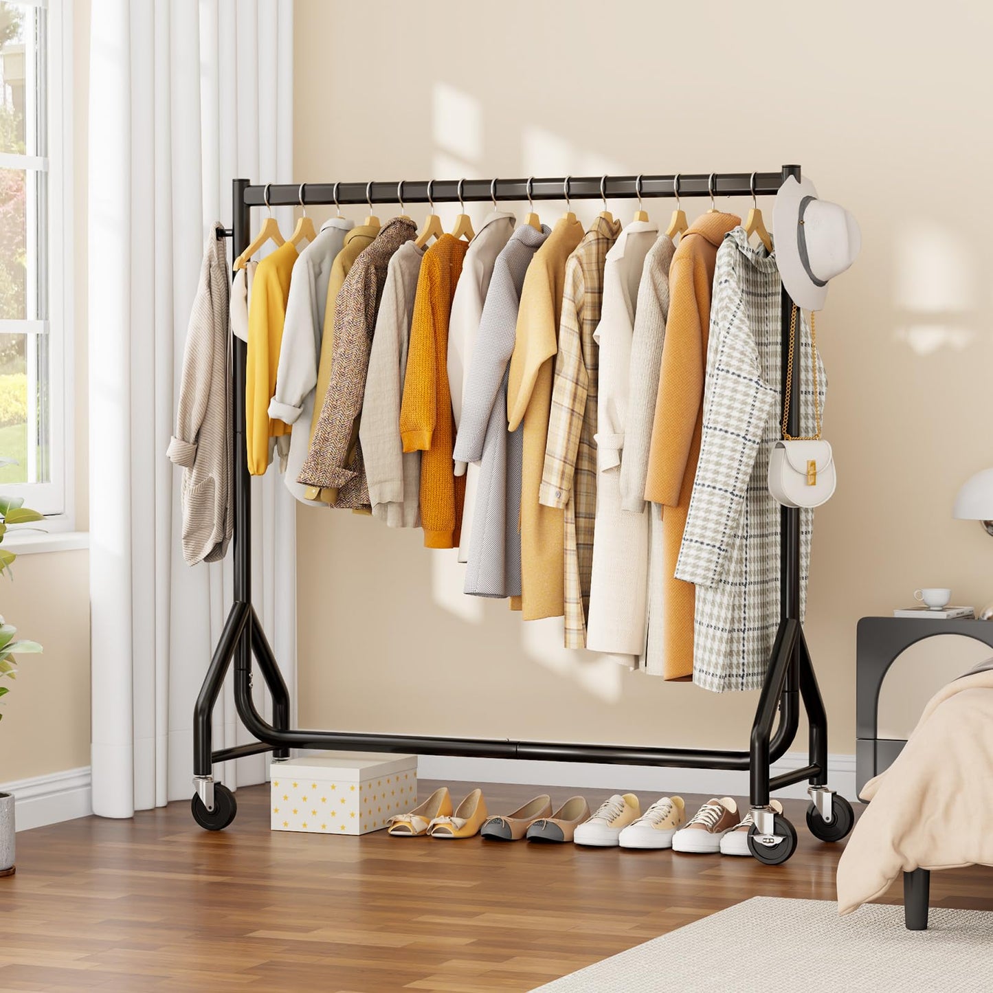HYSEYY Clothes Clothing Rack, Rolling Heavy Duty Clothes Rack Load 420 LBS With Wheels, Metal Clothes Rack for Hanging Clothes, Portable Standing Clothes Garment Rack, Black,48 inches