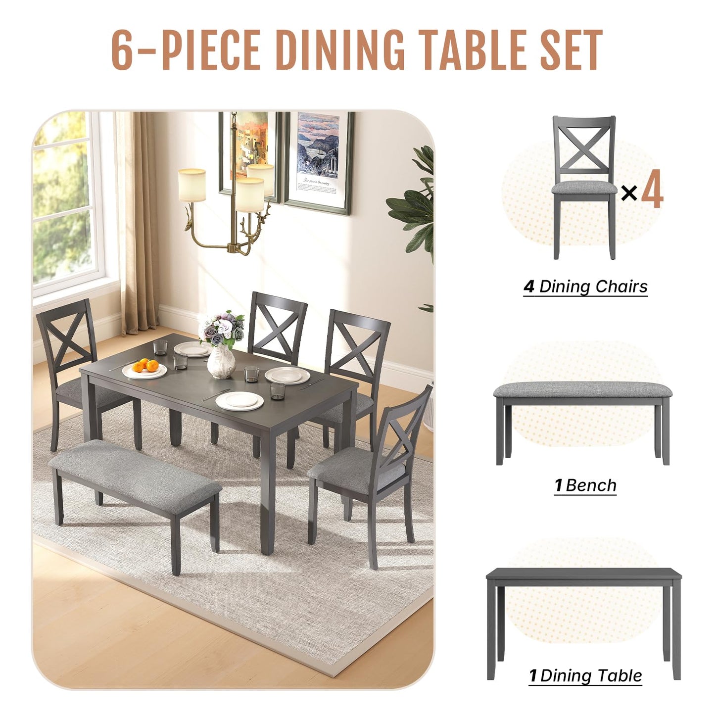 Zevemomo 6-Piece Wooden Dining Table Set, Dining Table Set for 6, Including 1 Dining Table, 4 Upholstered Chairs and 1 Bench, Wooden Legs Dining Table, Table Set for Dining Room, Grey