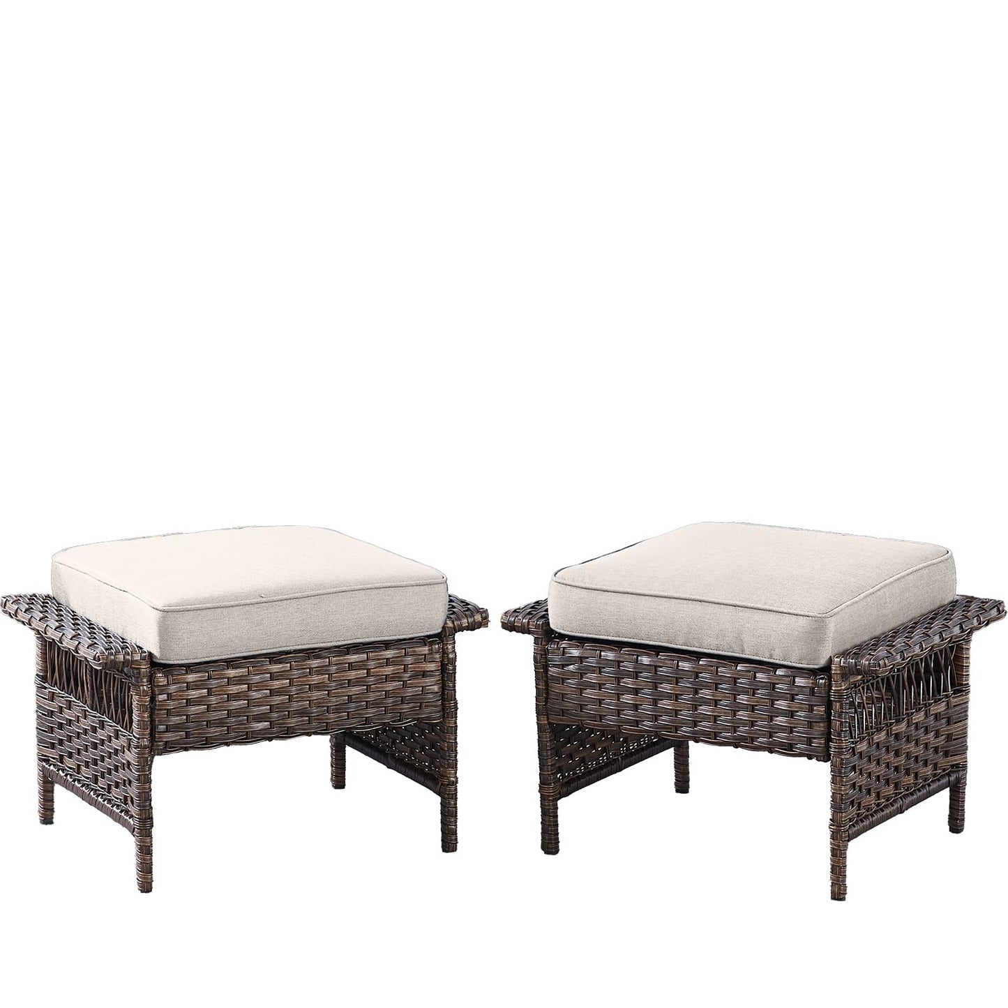 HUMMUH Outdoor Ottoman-Patio Rattan Footstool with Cushion Patio Ottoman for Deck Porch Balcony Garden-Brown/Beige