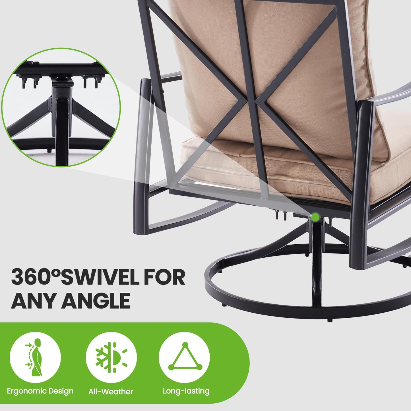 Soohow Patio Furniture Set, 4 Piece Outdoor Patio Furniture Set, 2 x Outdoor Swivel Chair, 1 x 3-Seats Sofa and 1 x Coffee Table, Metal Conversation Set for Porch, Balcony, and Backyard