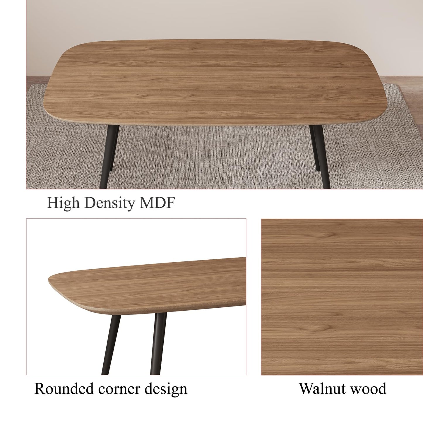 HIPIHOM 47.2'' Dining Table Set for 4,Modern Wood Dining Table,Leather Dining Chairs 4,Table and Chairs Set of 4,Ideal for Kitchen Dining Room (Walnut Color Table + 4 U-Shaped Brown Chairs, 47.2")