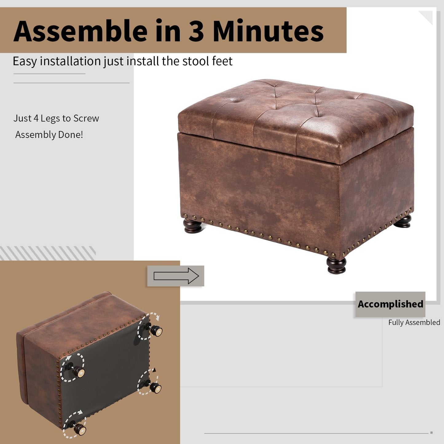 Joveco Leather Storage Ottoman, 24" Rectangle Tufted Square Upholstered Bench, Foot Rest Stool with Wood Legs, Footstool for Living Room Bedroom, Coffee