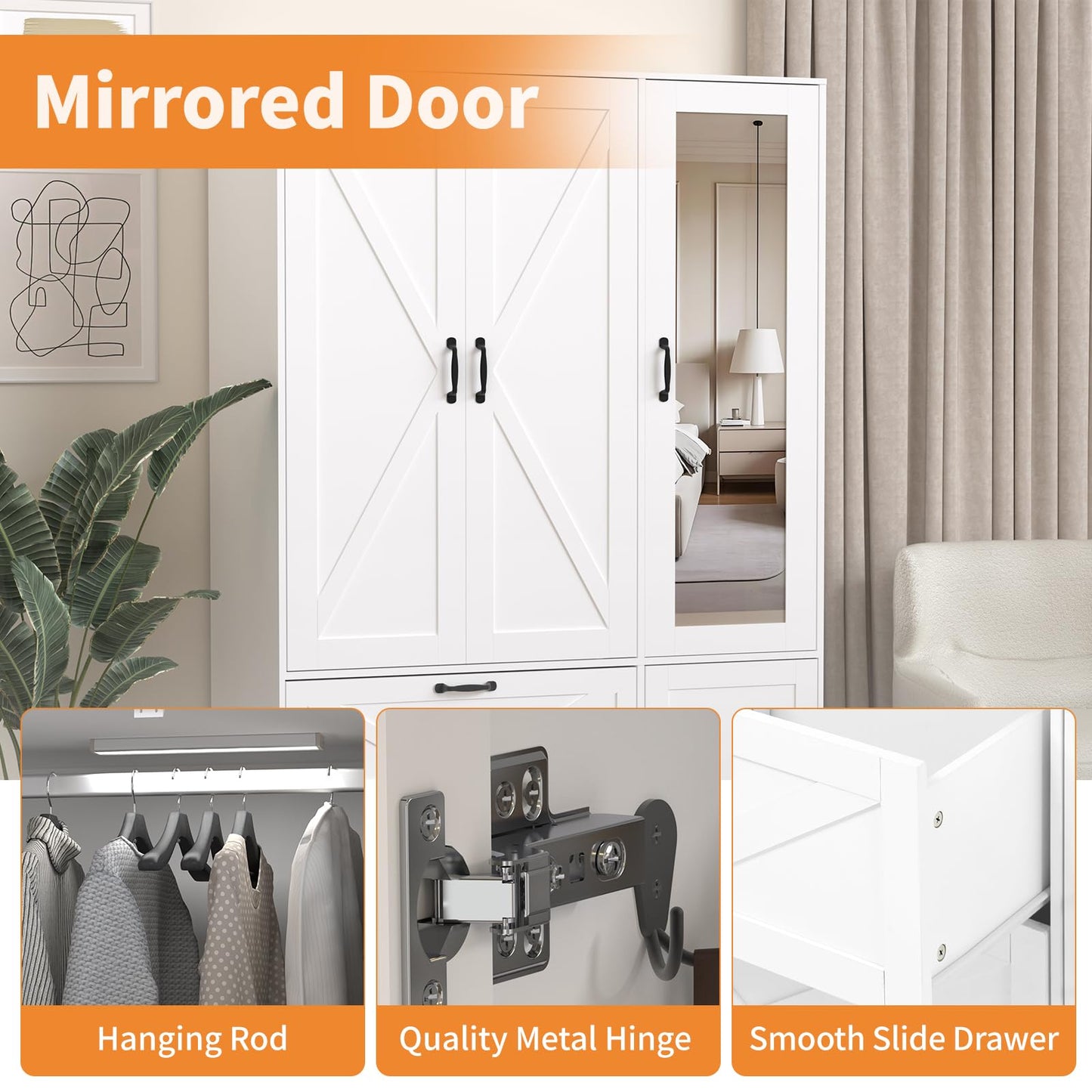 CORAZAZA Armoire Wardrobe Closet with Mirror Door,3 Doors Farmhouse Bedroom Armoire with Drawers and Adjustable Shelves,Wooden Armoire Wardrobe Closet with Hanging Rod for Bedroom(White)