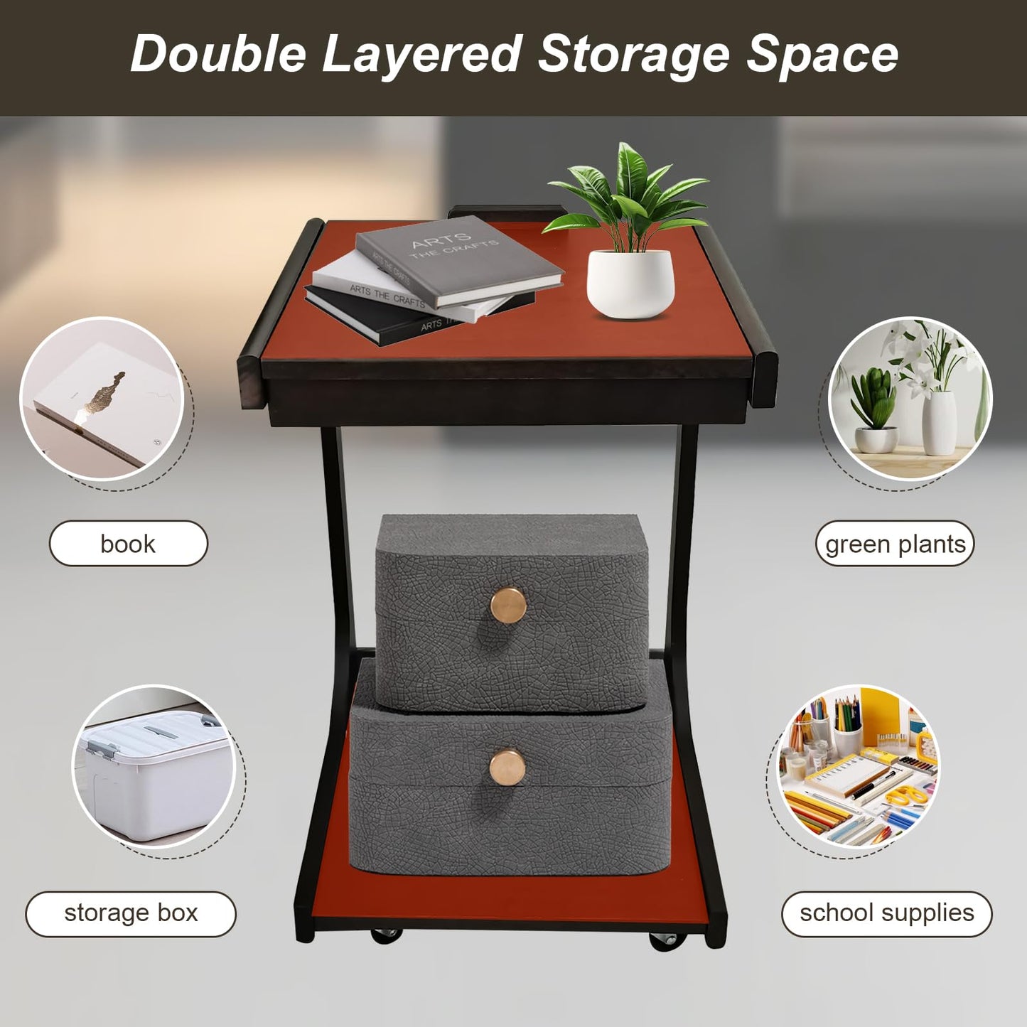 Solid Wood C Shaped End Table,Wooden Side Tables for Couch with Rolling Wheels, Adjustable Desktop TV Tray Table for Narrow Living Rooms Bedrooms & Small Spaces - Compact Sofa sode & Bedside Tables
