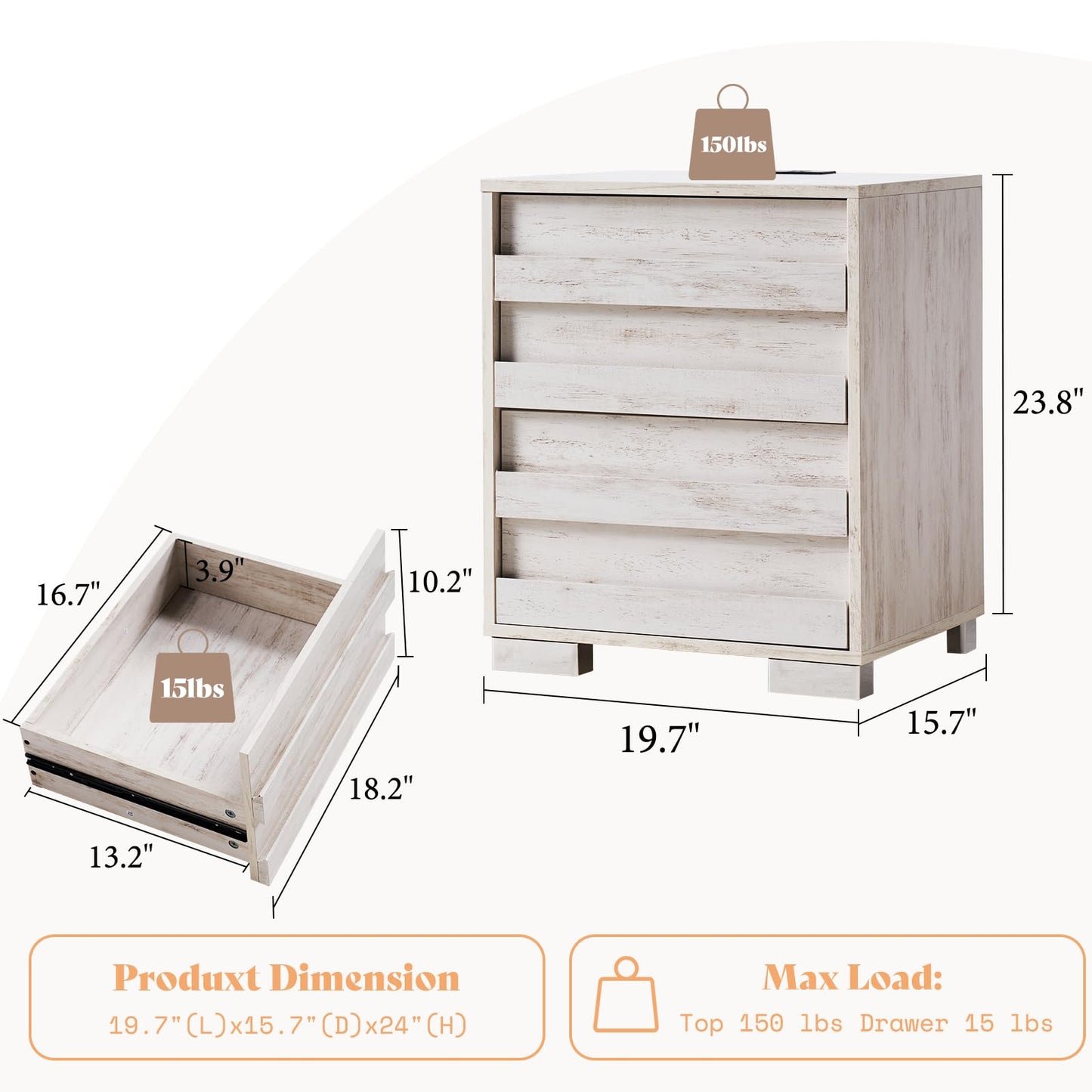 AMERLIFE Nightstand Set of 2 with Charging Station, Wood Bedside Table with 2 Drawers, Farmhouse End Table with Slated Handles & Stainless Steel Feet for Bedroom, Living Room, Distressed White