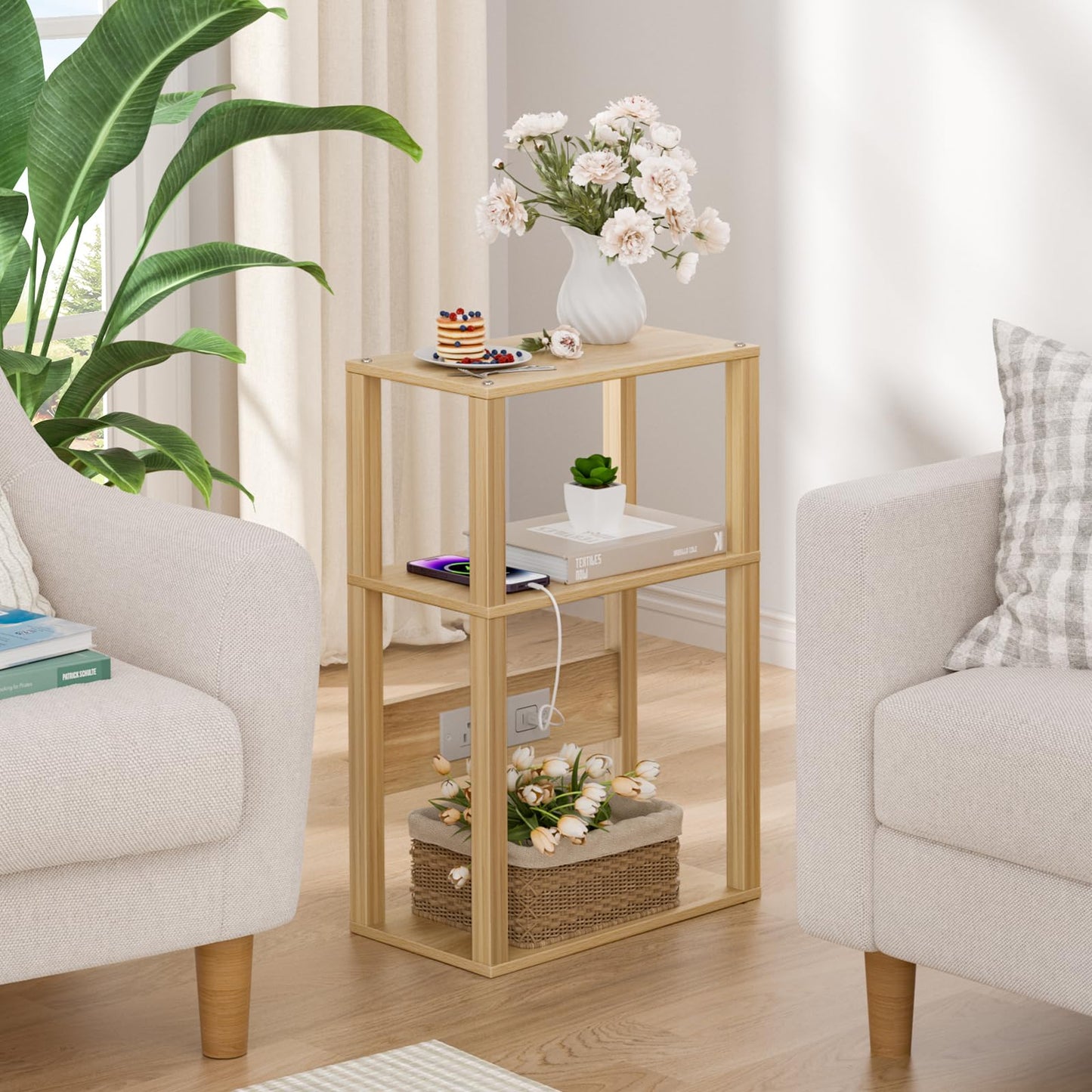 3-Tier Small Narrow Bamboo Side Table with Charging Station, Skinny Nightstand for Small Space, Slim Bedside Table with Storage for Couch, Wooden Thin End Table with USB Ports and Outlets, Natural