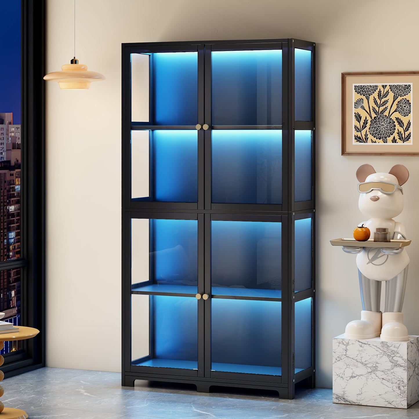 Display Cabinet with Acrylic Glass Doors, 4-Tier Curio Display Case, Transparent Bamboo Curio Display Case for Figures, Storage Cabinet for Collectibles, Bedroom, Office, Playroom