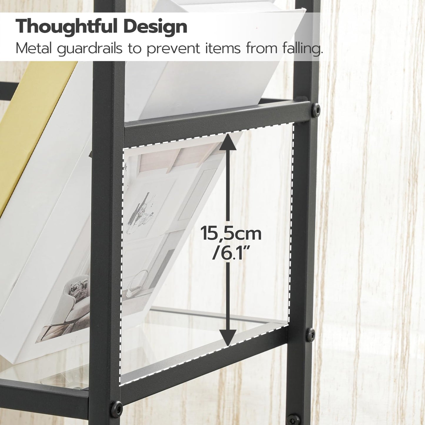 HOOBRO 3-Tier Bookcase, Tempered Glass Bookshelves, Record Storage Rack with Side Fence, Storage Shelves for Bathroom, Slim Shelving Unit for Living Room, Home Office, Black BK81CJ01