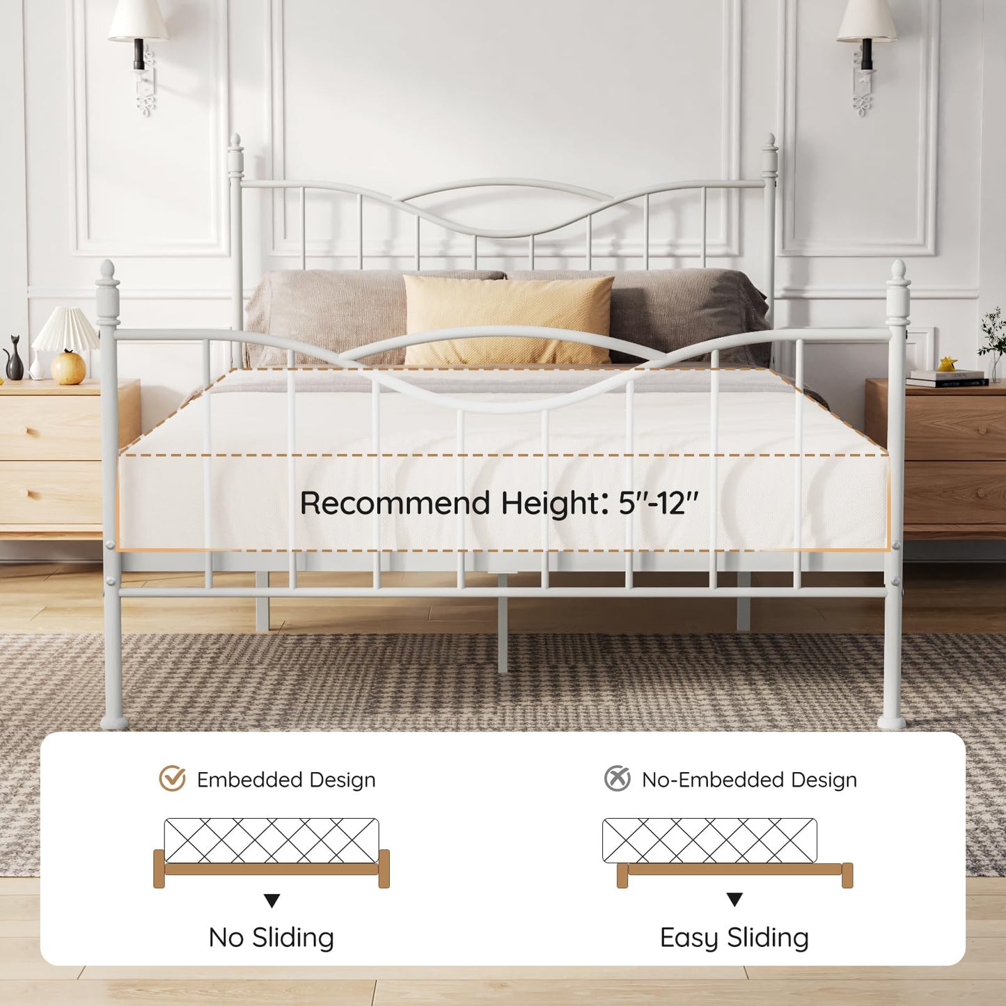 Florise Queen Size Bed Frame with Headboard, 14 Inch Tall Metal Platform Bed Frame Mattress Foundation with Footboard, Under Bed Storage, Strong Metal Slats Support, No Box Spring Needed, White