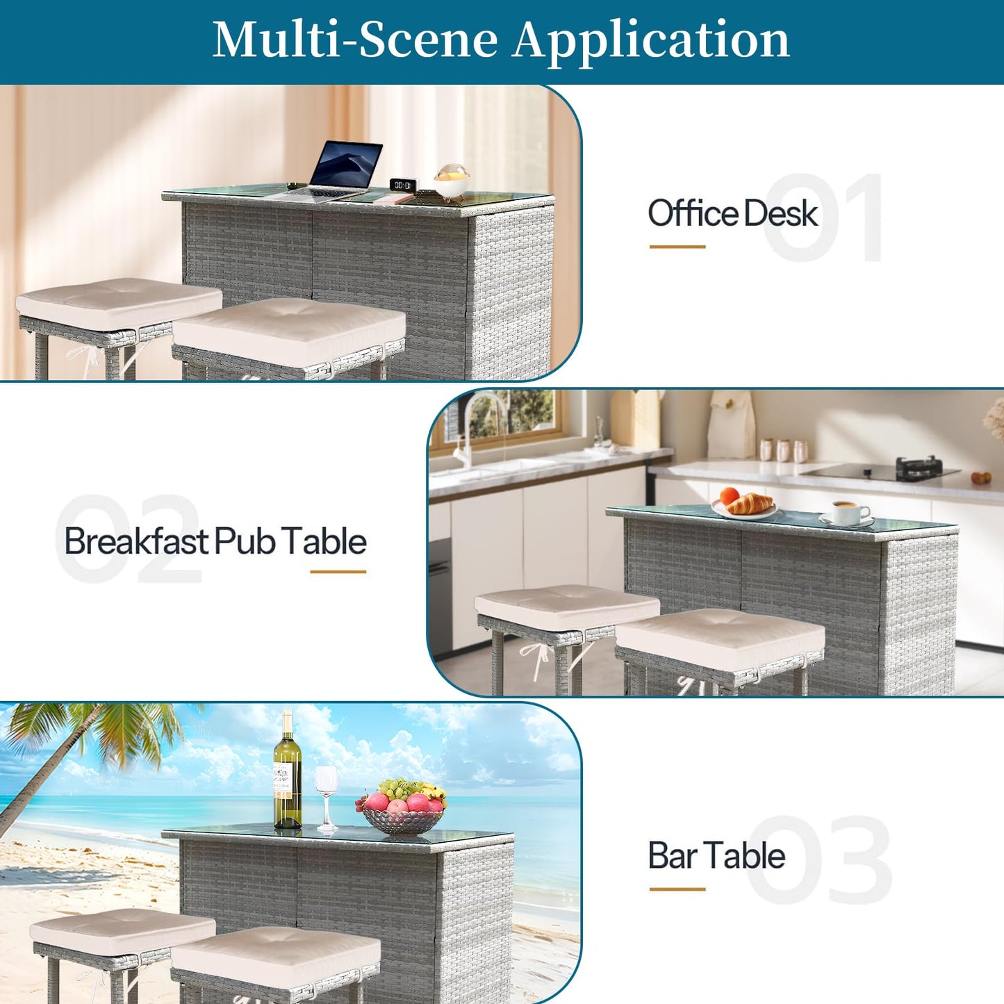 Rtbackyards 3Pcs Outdoor Bar Set, Patio Wicker Bar Furniture with 2 Storage Shelves, Glass Top Table, 2 Stools with Cushions for Patios, Backyards, Porches, Gardens, Lawn or Poolside