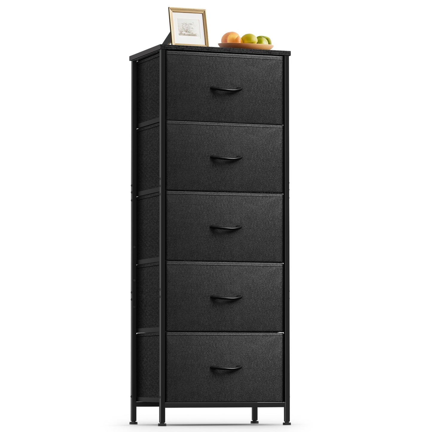 Sonharlar 5 Fabric Drawer Dresser for Bedroom, Chest of Drawers with Waterproof Wood Top Tall Dresser for Hallway, Living Room, Kid Room (Black and Charcoal Black)