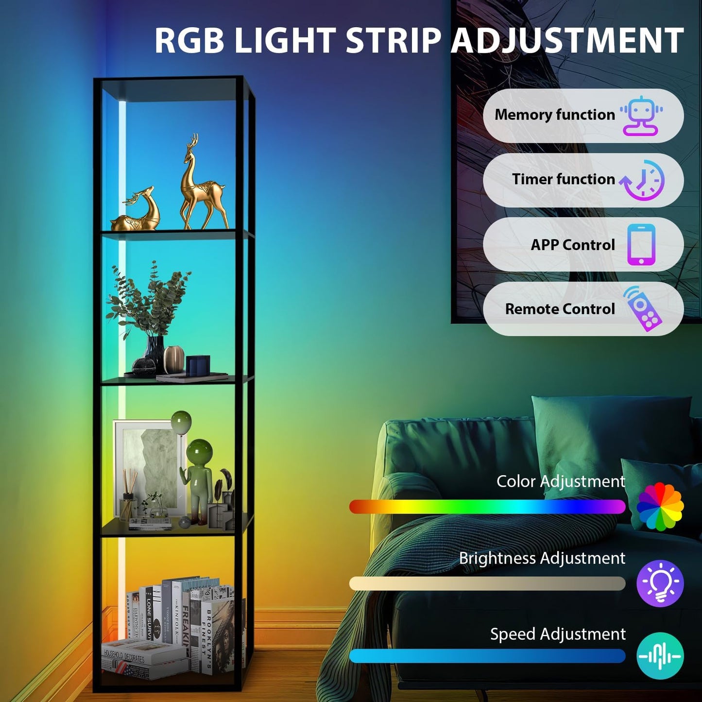 Caupel 5 Tiers Corner Shelf with LED Light, 63.78" Tall Display Shelf for Collectibles, LED Corner Floor Lamp with APP and Remote Control for Living Room Bedroom