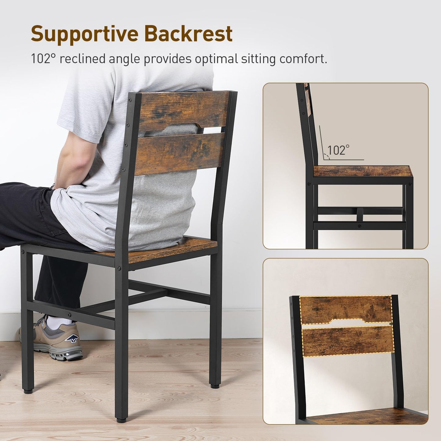 RALGEND Dining Chairs Set of 4, Rustic Wooden Kitchen Chairs with Backrests and Metal Frame, Modern Farmhouse Dinner Chairs for Kitchen, Easy Assembly, Living Room, Dining Room, Rustic Brown and Black