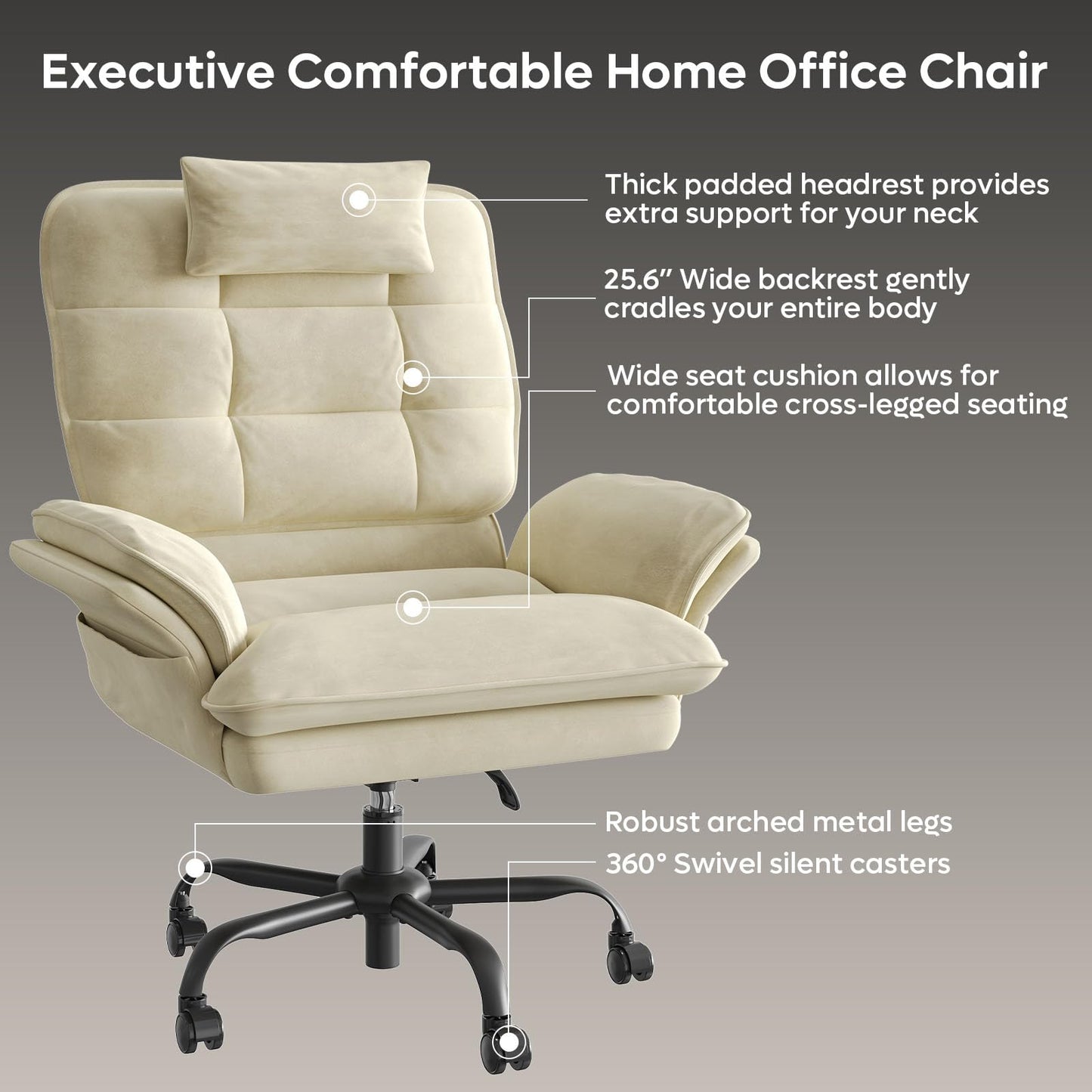 Bestier Velvet Executive Office Chair, Ergonomic Chair with Flip-up Arms, 135° Reclining Office Chair with Side Pockets & Headrest, Big Swivel Computer Chair for Home Office - Beige