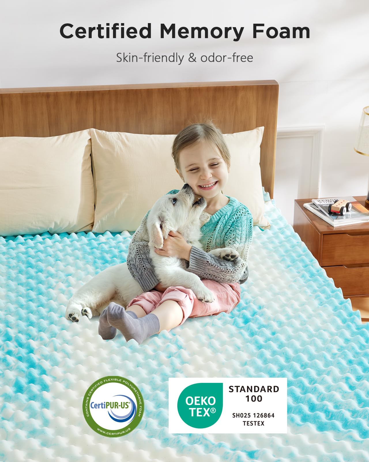PERLECARE 3 Inch Egg Crate Memory Foam Mattress Topper Queen Size, Pressure Relief & Cooling Gel Infused Mattress Pad, Soft & Ventilated Design Bed Topper, CertiPUR-US Certified, Blue