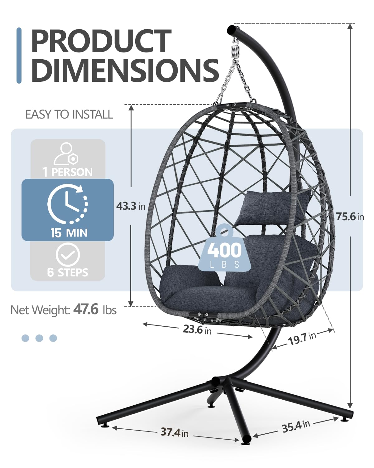 SWITTE Egg Swing Chair with Stand, Outdoor Patio Hanging Egg Chair, Indoor Hammock Chair with Cushion for Garden Backyard, 350LBS Capacity-Dark Grey