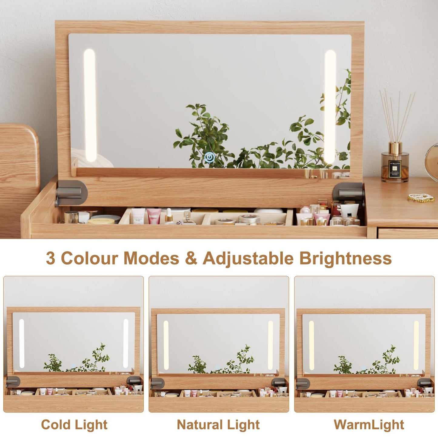 Solid Wood Vanity Desk With Flip Top Mirror And Lights, Mild Century Dressing Table Wooden 4 Drawers Storage, 40 Inch Large Make Up Vanity With 3 Lighting Modes Original, Wood Color (With Adapter)
