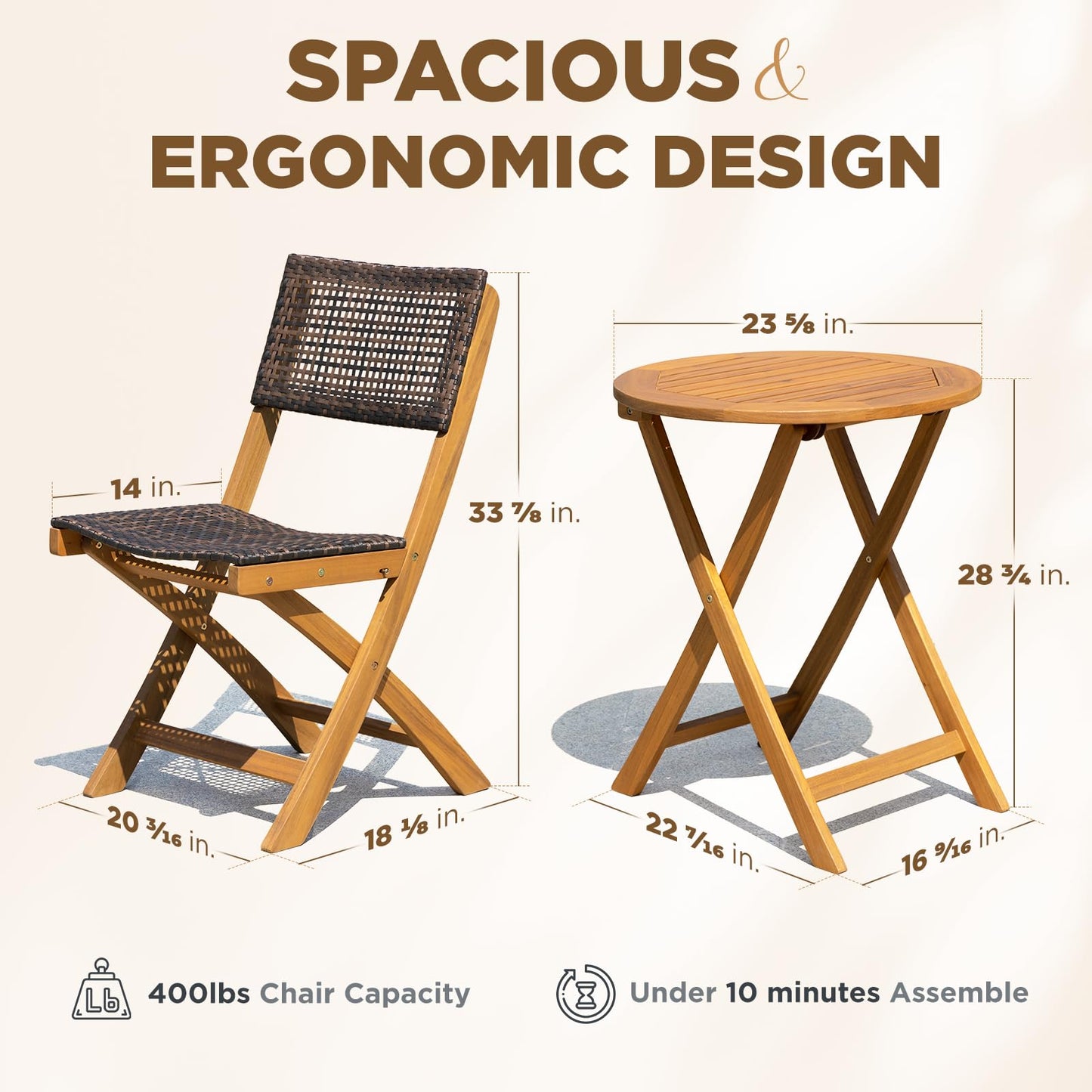 IDZO Wood Wicker Design Heavy Duty 400lbs Capacity Premium Patio Bistro Set 3 Piece Outdoor