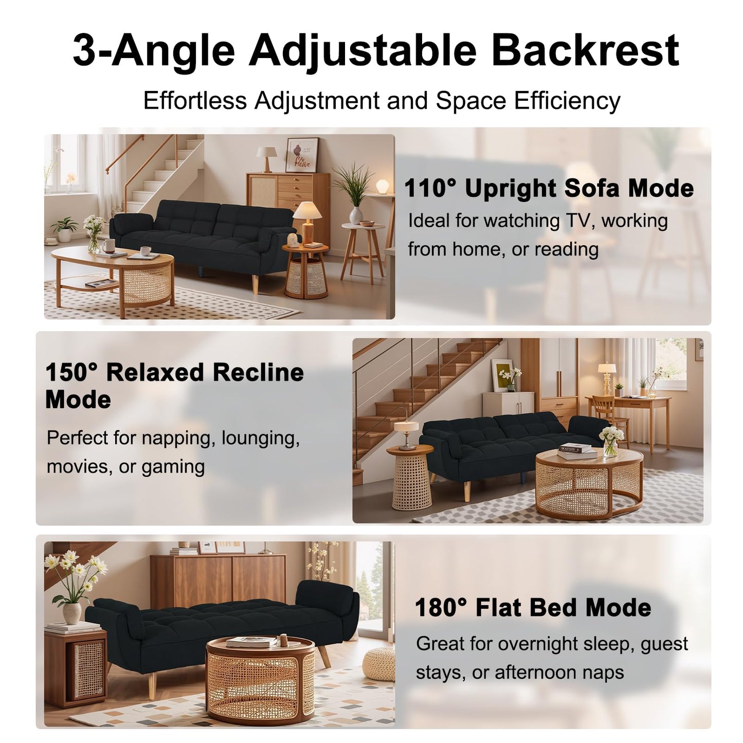 Modauiysa 73.9" Linen Futon Sofa Bed, Convertible Futon Couch Bed, Comfy Love Seat Sleeper with Adjustable Backrest, Small Couches for Small Spaces, Living Room,Bedroom and Office (Black)