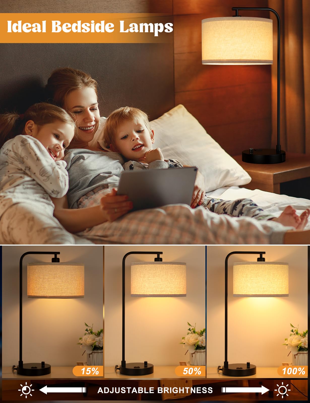 Tall Table Lamp with USB Port and Outlet, Dimmable Nightstand Bedside Lamps with Linen Lampshade, Desk Lamp for Bedroom, Living Room, Guest Room, Home Office, LED Bulb Included
