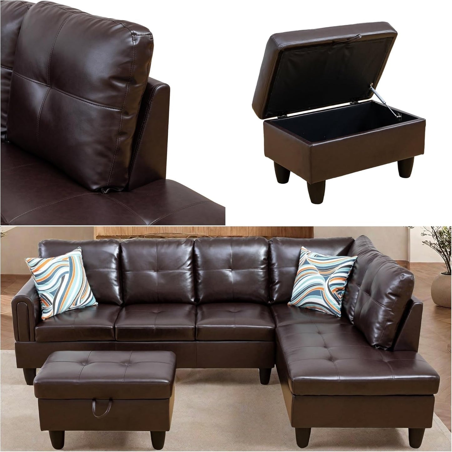 Modern L-Shaped Sectional Sofa with Chaise, High-Density Sponge Cushions, Light Gray (Leather)