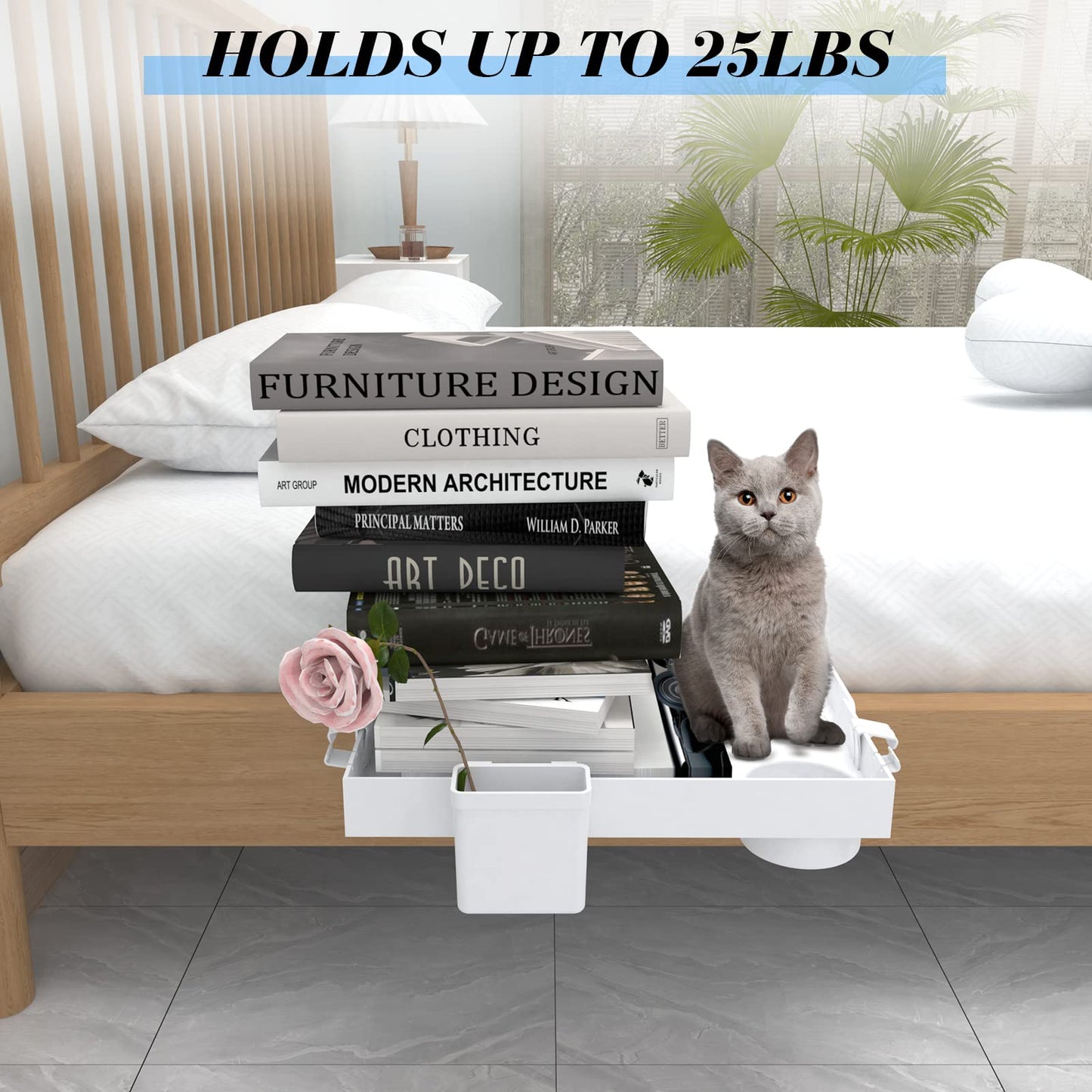 Ronlap Folding Bedside Shelf Bunk Bed Shelf Organizer for Top Bunk Clip On Bed Side Shelf Tray for College Dorm Loft Plastic Bedside Nightstand with Cup Holder, Small Size, White