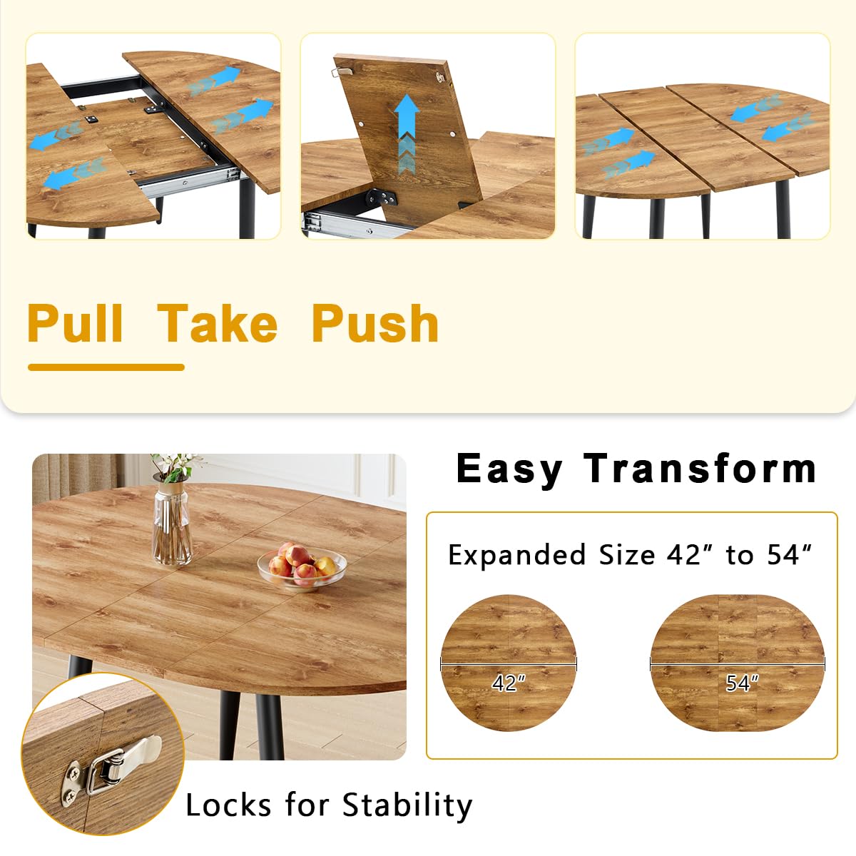 Round Dining Table Set for 4, 42"-54" Extendable Dining Table Set for 4, 0.73" Thick Wood Tabletop with Smooth Edge, Black Metal Leg with Non-slip Footmat, 4 Soft PU Chairs, Small Space, Easy Assembly