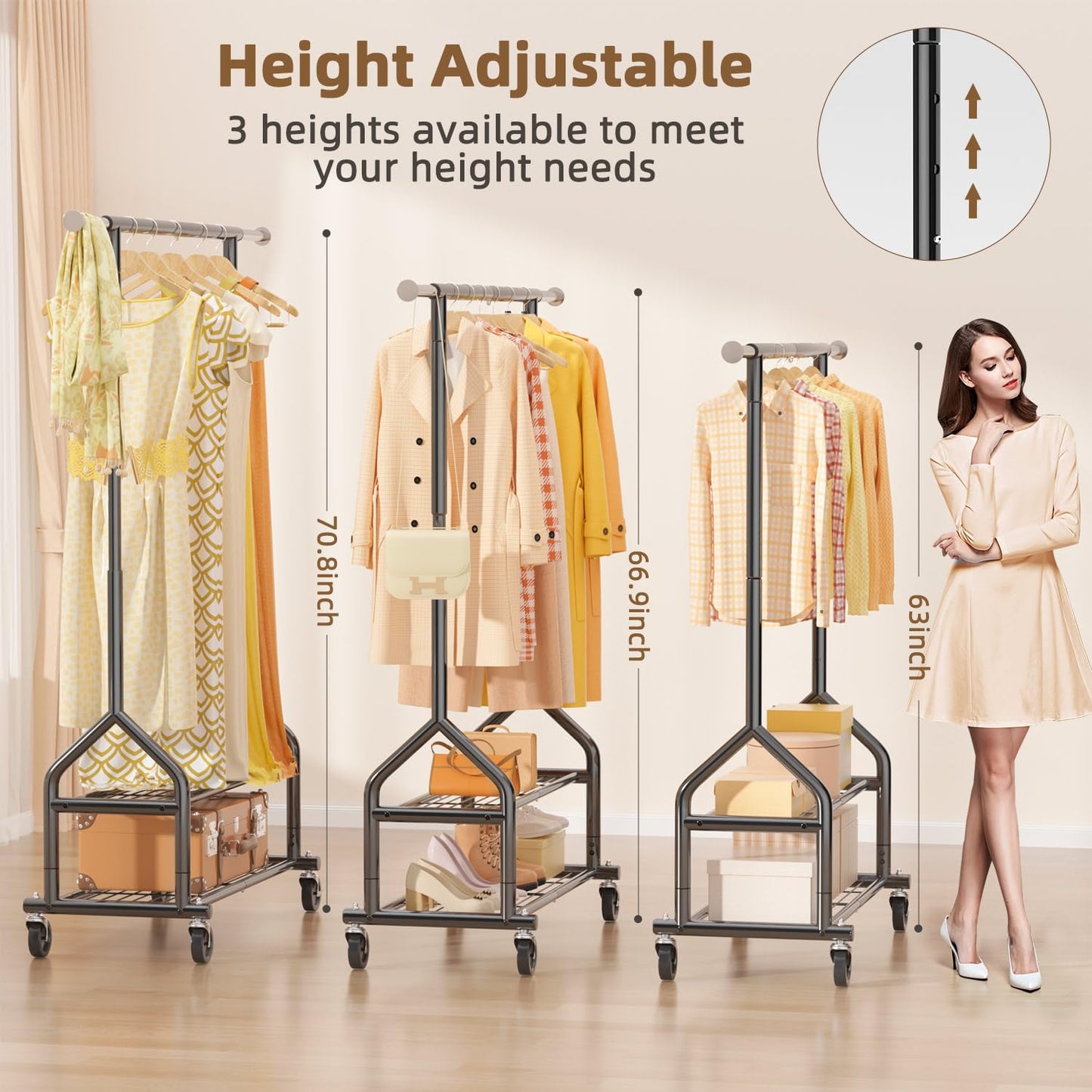 EAGMAK Heavy Duty Clothes Rack Load 556 LBS, Rolling Clothing Rack With Shelves, Height Adjustable Metal Clothes Hanger with Wheels Portable Wardrobe Organizer Garment Rod for Hanging Clothes (Black)