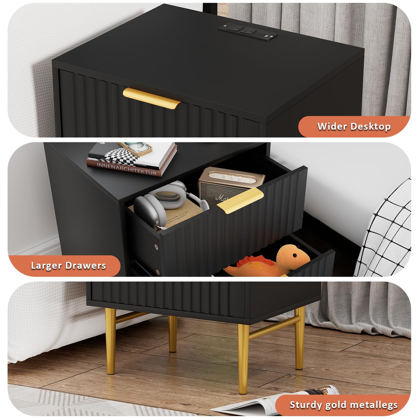 Nightstand with Charging Station, Side Table with 2 Drawers, Fluted End Table with Gold Metal Legs & Handle, Bedside Table with Wide Tabletop, Night Stand with Fluted Panel for Bedroom (2, Black)