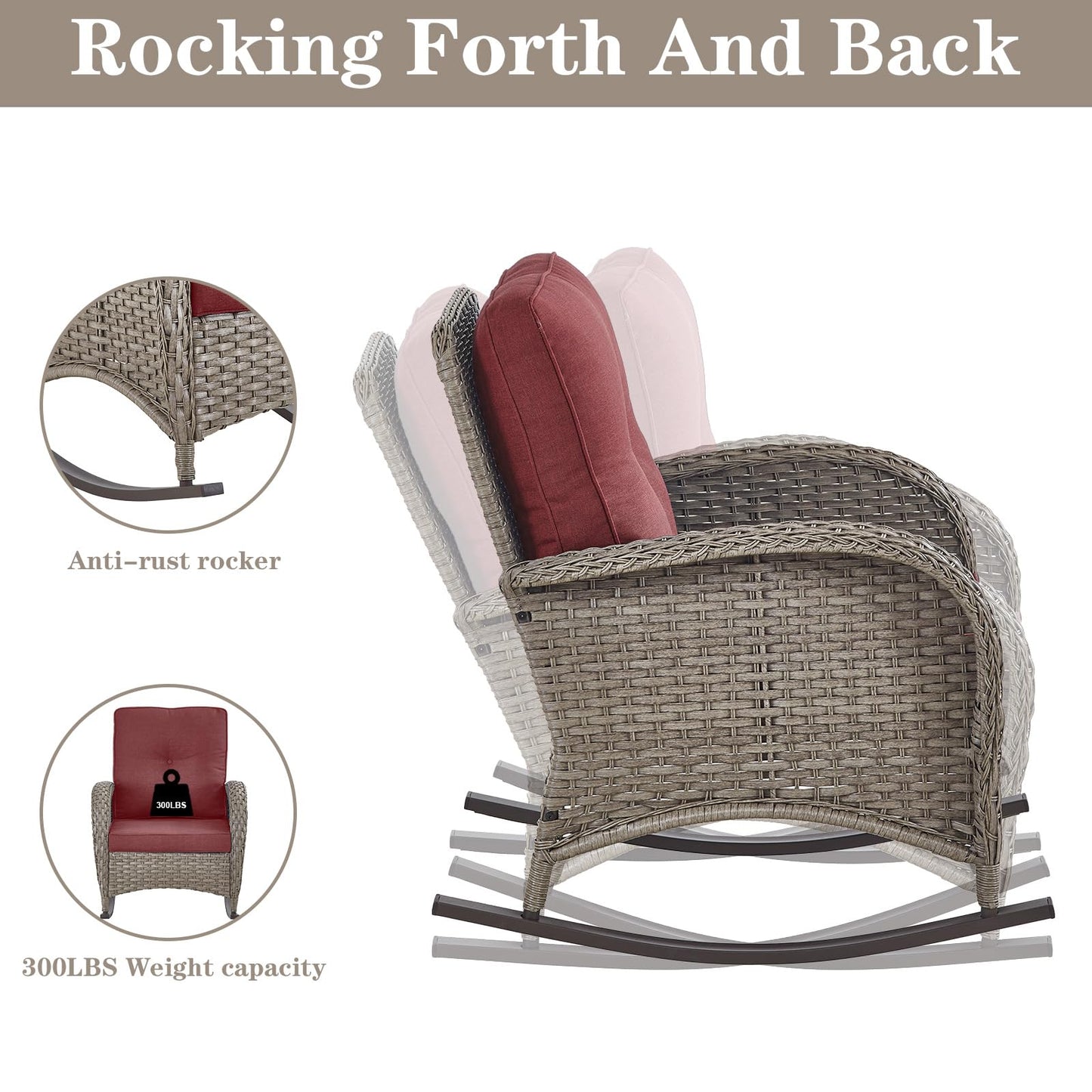 Belord Patio Rocking Chairs Wicker Set - Outdoor Rocking Chairs Set of 2 with Side Table, 3 Piece Patio Rocker Furniture Set with Water-Resistant Cushions for Balcony Porch Backyard