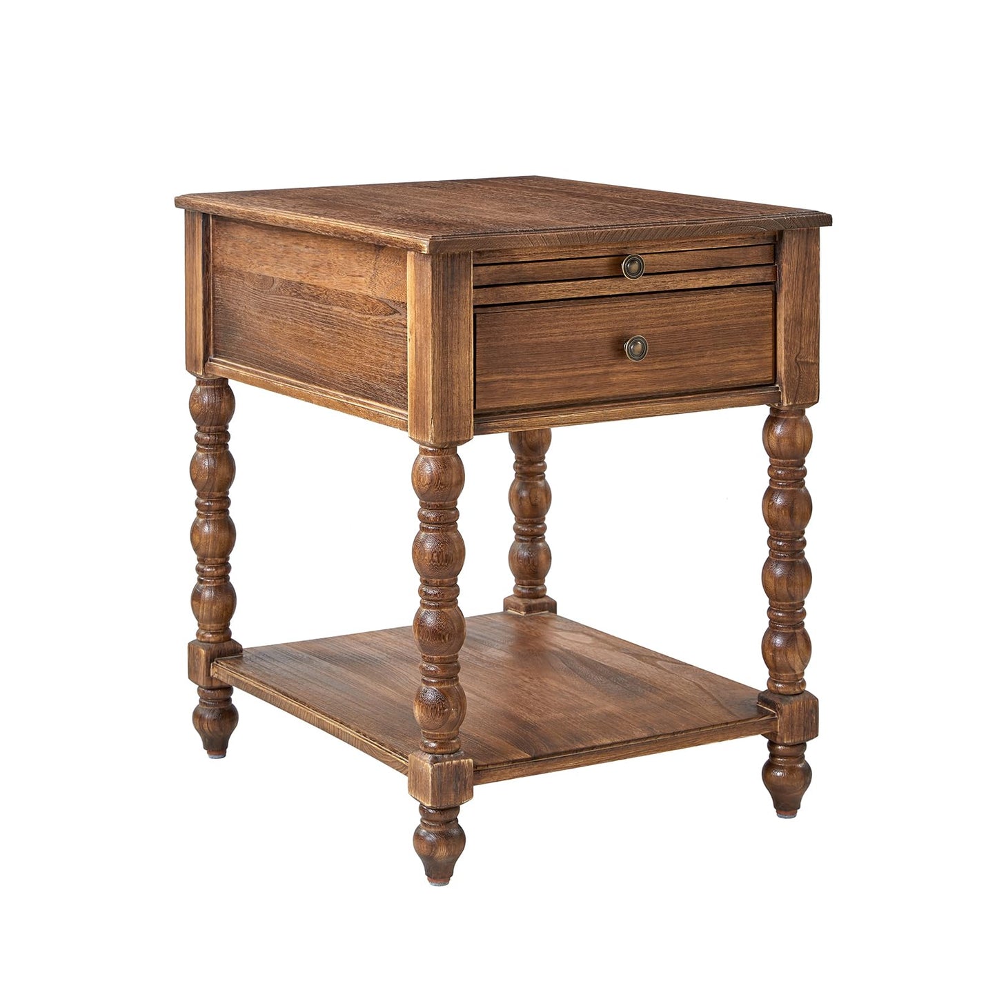 HULALA HOME Spindle Nightstands with Charging Station, Solid Wood Nightstand with Drawer Shelf, Side Table with Pull-Out Shelf (Walnut)