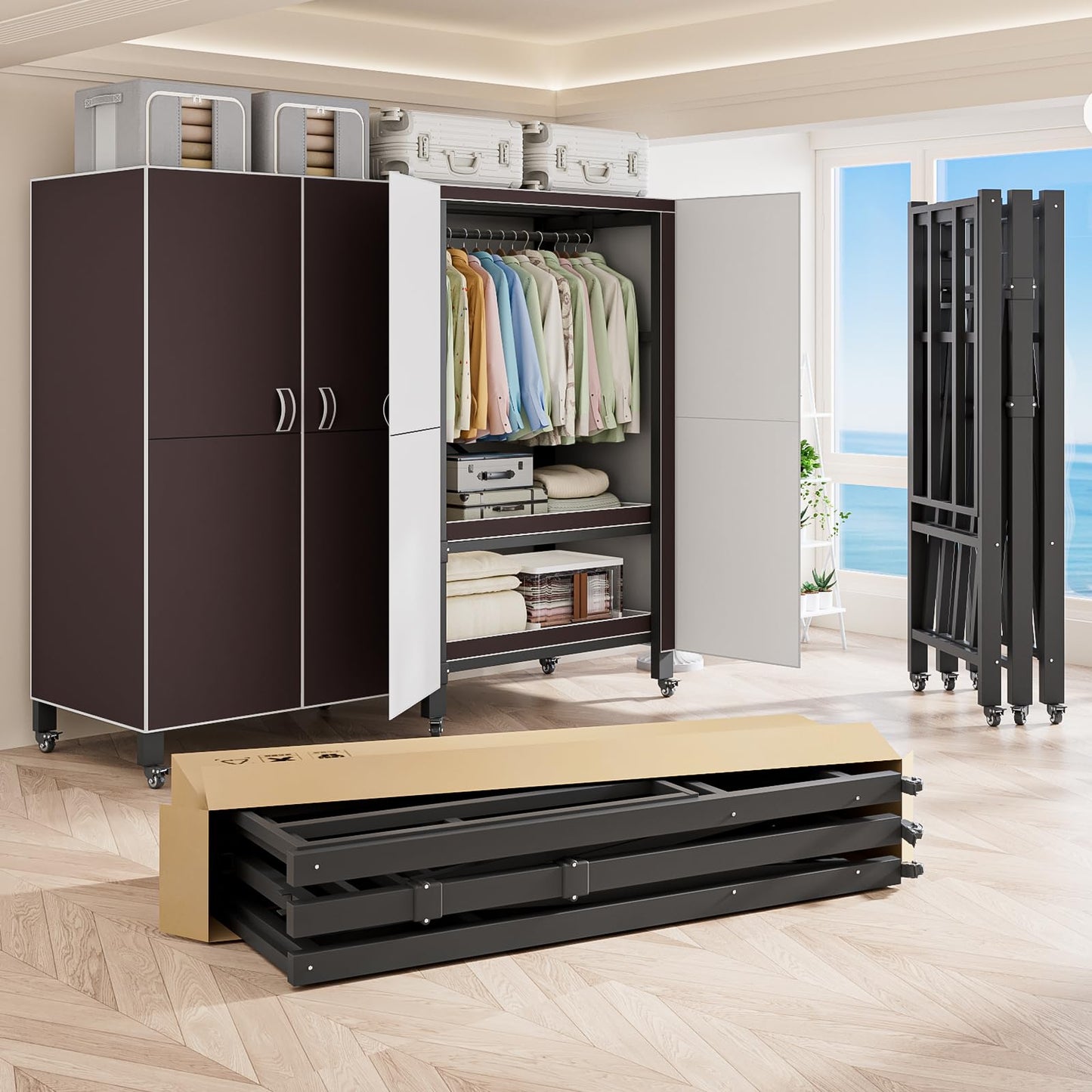 Heavy Duty Covered Clothes Rack with Magnetic Door 1500LBS Foldable Portable Wardrobe Closet for Hanging Clothing Rolling Black Metal Garment Rack on Wheels Closet System (Brown doors, 49.2in)