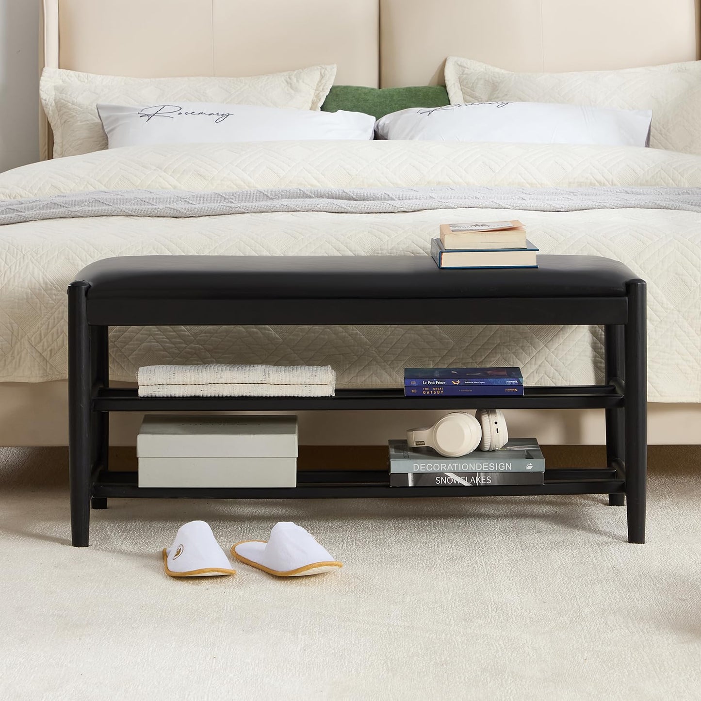 CREATISAN Shoe Bench, Solid Oak Wood Entryway Bench with Storage, 3-Tier Shoe Storage Bench with PU Leather Seat, Mid Century Shoe Rack Benches for Hallway, Bedroom, Living Room, 43.3" Black