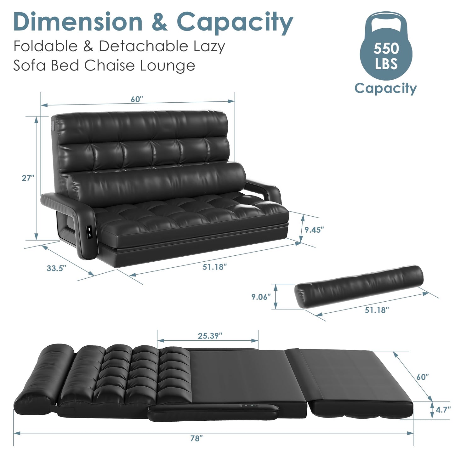 STHOUYN 6-Position Floor Couch Convertible Sleeper Sofa with USB, Black Leather Love Seat Sleeper Bed Small Space, Lounge Folding Sofa Bed with Pillow, Comfy Couch for Bedroom Living Room (Black)