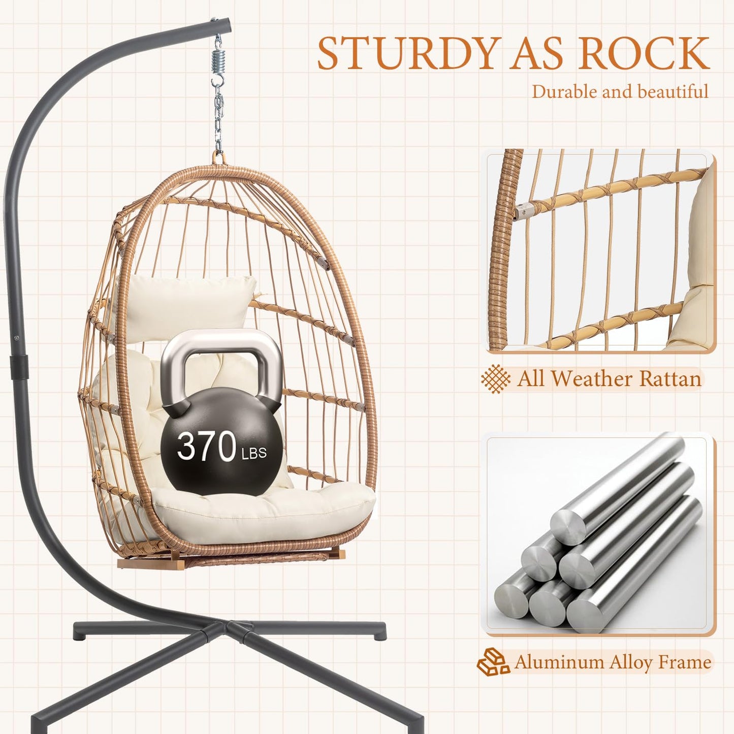 Hanging Egg Chair with Stand and Footrest for Indoor Outdoor - Patio Swing Egg Chairs Wicker Hammock Chair Bedroom, Aluminum Steel Frame and UV Resistant Cushion 370LBS Capacity for Kids Adults, Beige