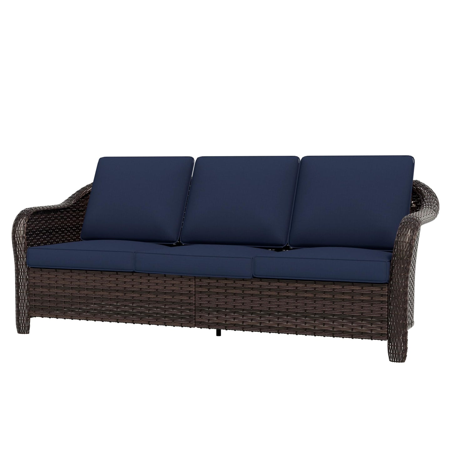Qsoer 77 inch Outdoor Wicker 3 Seater Sofa, All-Weather Use Patio Rattan Sofa with Seat and Back Cushion, Ideal for Porch, Backyard, Balcony, Poolside, Blue
