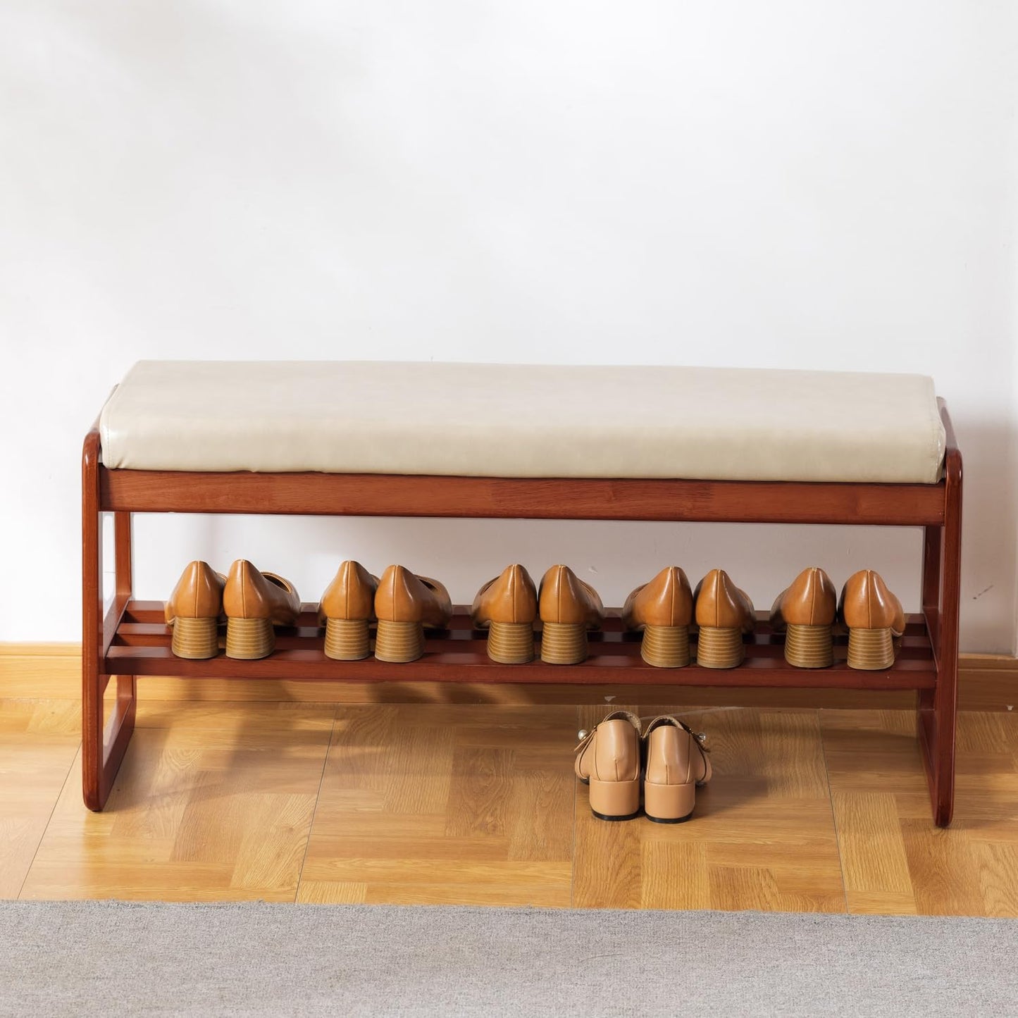 latifolia Shoe Bench, Solid Wood Bench with Cushion, 2 Tier Shoe Organizer for Entryway, Hallway, Living Room(Beige,39.70''L)
