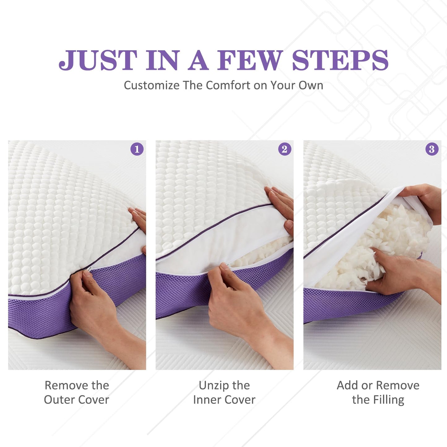 HOMELAB Adjustable Shredded Memory Foam Pillow Queen Size, Cooling Bed Pillow for Sleeping with Removable Cover, Medium Pillow for Side Stomach & Back Sleepers, 1 Pack 20"x28"