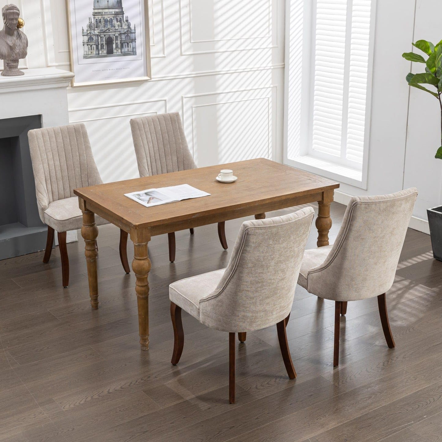 BEIDOR Dining Chairs Set of 6,Comfy Fabric Upholstered Accent Chairs for Kitchen Living Room,Channel Tufted Dining Room Chairs with Curved Solid Wood Legs(Beige)