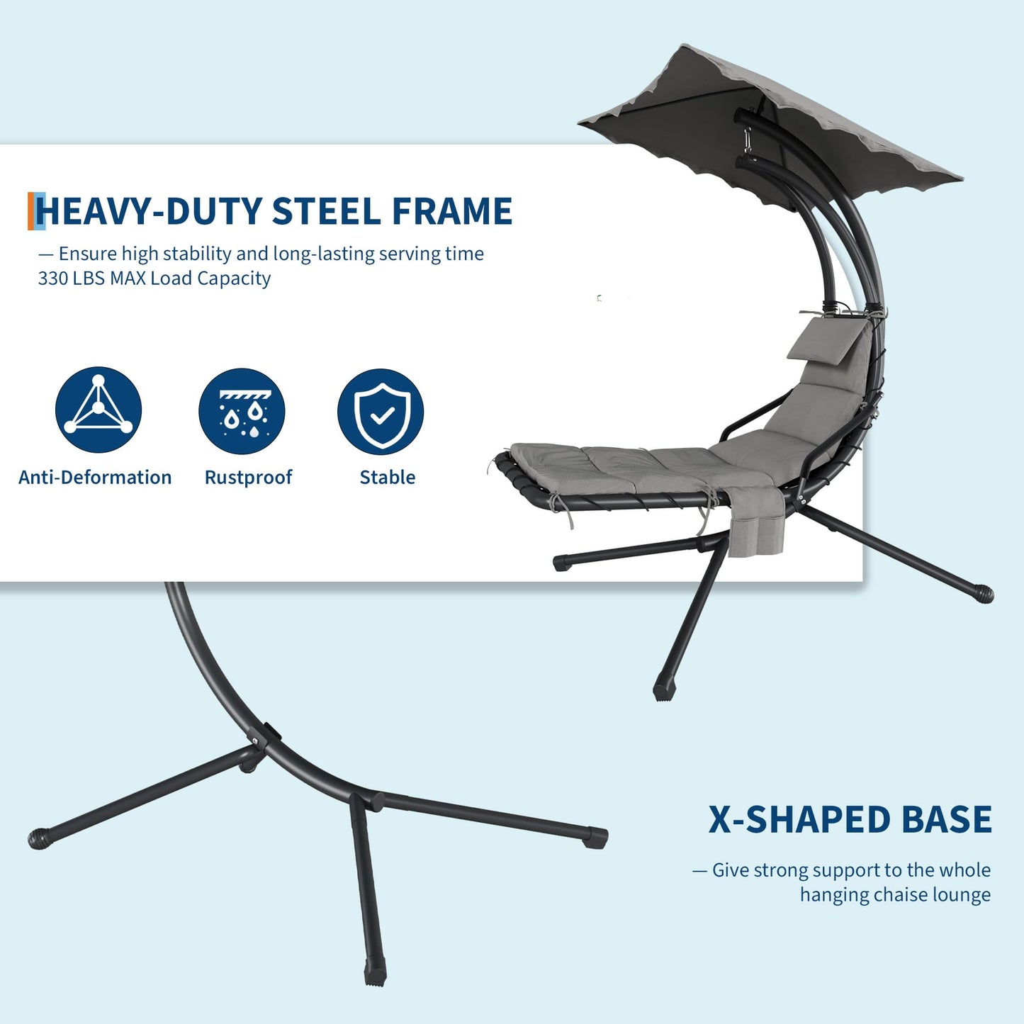 LuyFuitre Hanging Chaise Lounge Swing Chair, Hanging Curved Chaise Lounge Chair Umbrella, Curved Steel Hammock Lounger Chairs for Outdoor Indoor Patio Pool Garden Backyard Porch