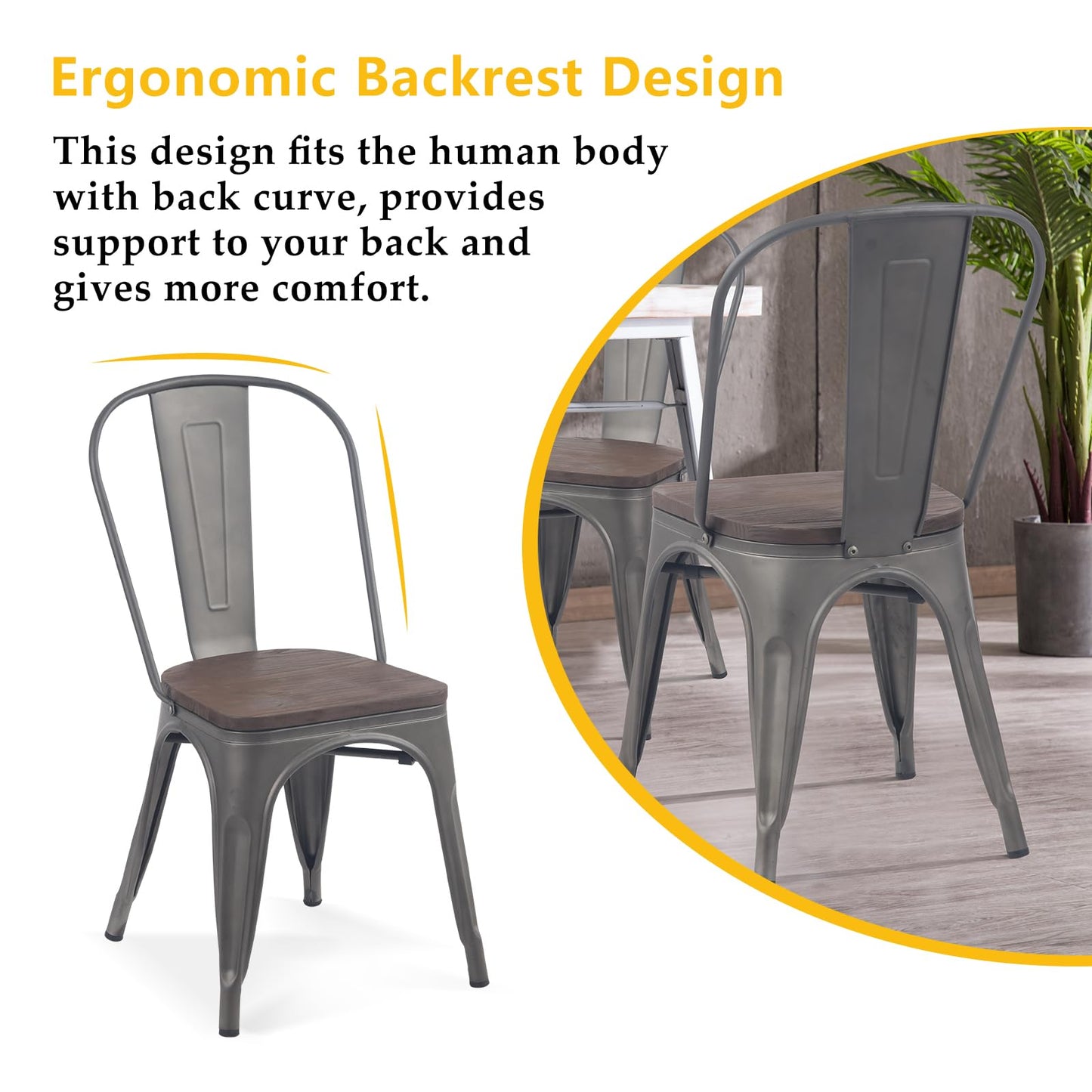 YOUNIKE Metal Dining Chairs Set of 4 Iron Stackable Removable Back Wood Seat Patio Chairs Rubber Feet Stylish Modern Indoor Outdoor Classic Chic Industrial Vintage Bistro Kitchen Rusty Grey